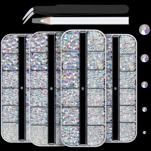 7000PCS Resin Rhinestones with Tweezers for Crafting, 2/3/4/5/6mm Flatback Jelly Rhinestones, 4 Box Transparent AB Non Hotfix Crystal Gems for DIY Crafts Mugs Tumblers Clothes Makeup Nail