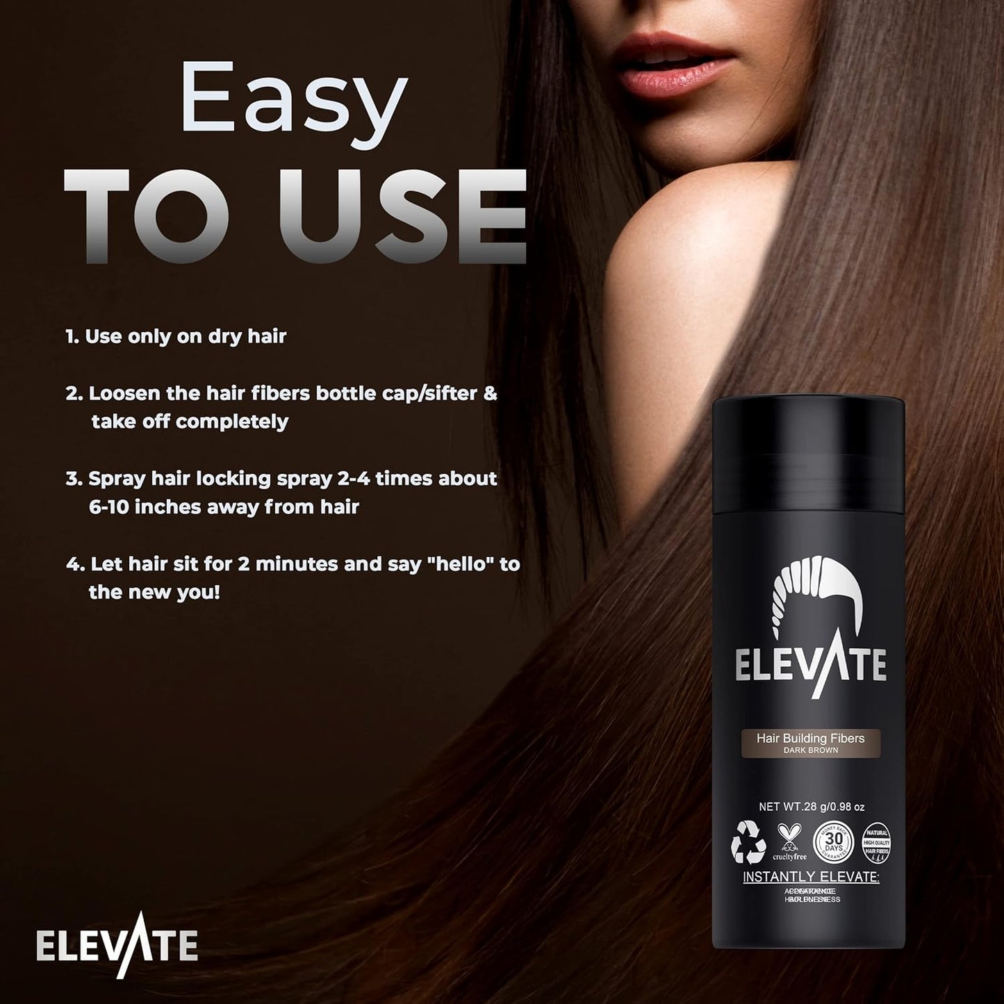 ELEVATE Hair Fibers to Instantly Thicken & Completely Conceal Thinning Balding Areas Loss in 30 Seconds for Men & Women (DARK BROWN) 28g Size - 100% Natural & Undetectable Keratin Fibers
