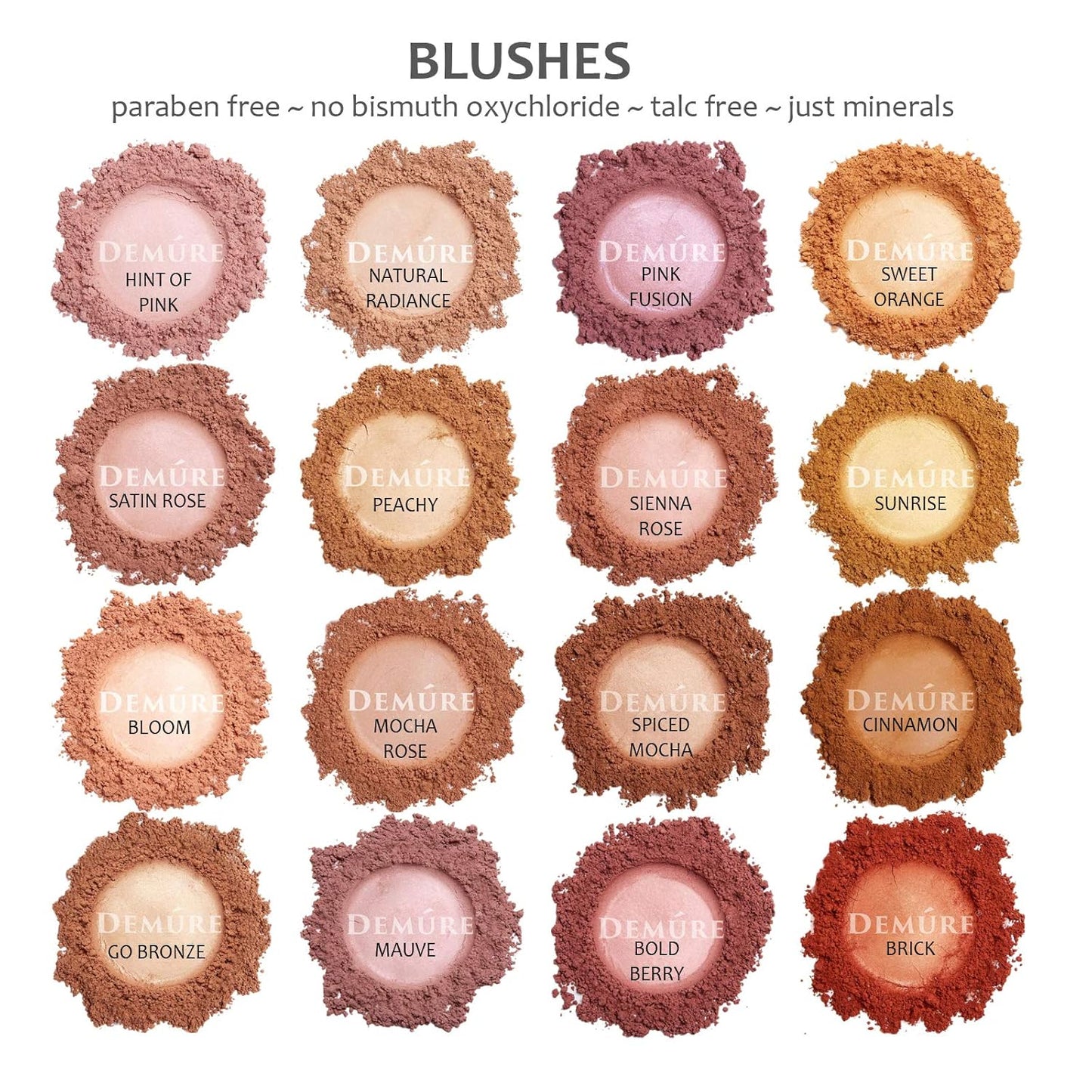 DEMURE Mineral Blush Makeup (Natural Radiance), Loose Powder, Neutral, Satin Finish, 12 Shades, Cruelty Free