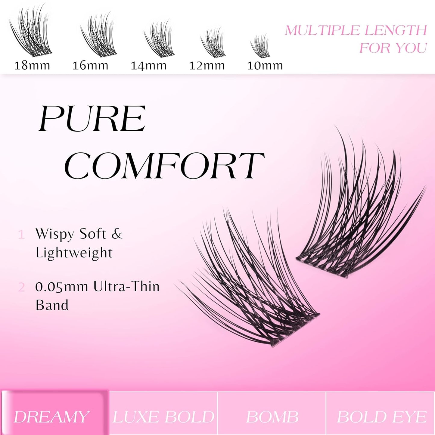 VEYESBEAUTY Lash Clusters Individual Eyelash Extensions Thin & Invisible Band DIY False Eyelashes for Self-application Newbie's Five-Second Series Wispy Lash Tray, Dreamy 12mm Single Length