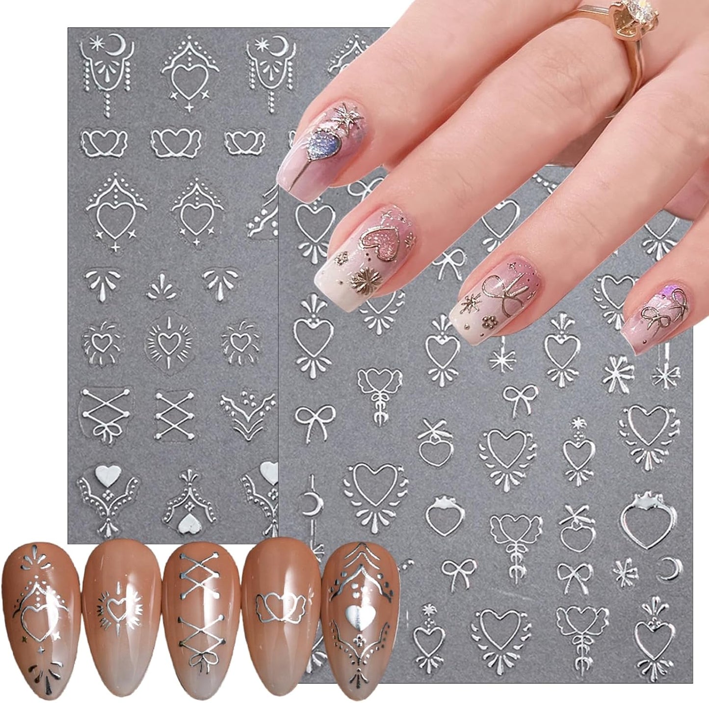 6 Sheets Love Bow Nail Art Stickers 3D Self-Adhesive Metallic Sweetheart Girl Armor Nail Sticker Retro Gold Sliver Starlight Glitter Nail Design Sticker for Women Girls Acrylic Manicure Decorations