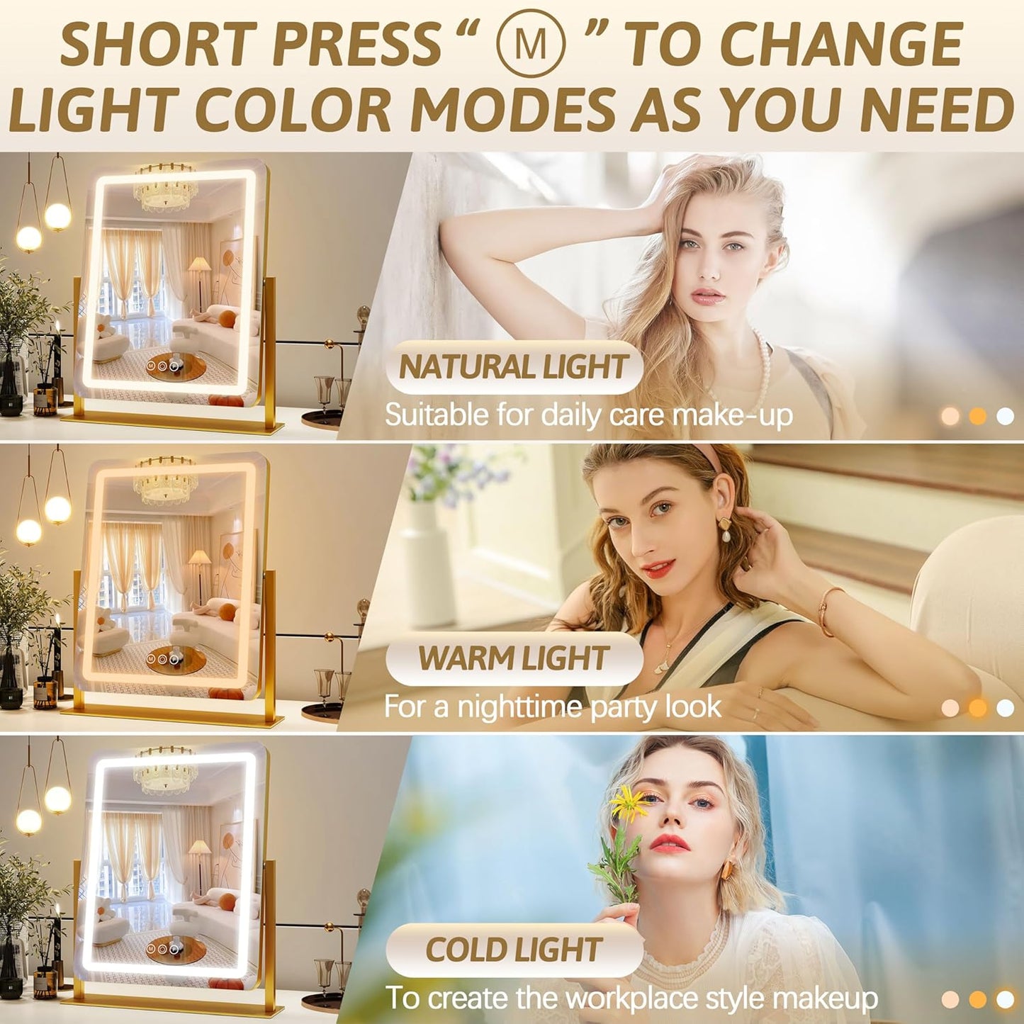 Vanity Mirror with Lights, 18"x22" LED Makeup Mirror with 10X Magnification, Smart Touch 3 Colors Dimmable, Light Up Mirror for Makeup Desk, 360° Rotation, Gold