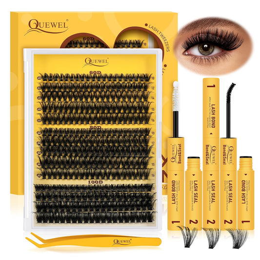 QUEWEL DIY-Lash-Extension-Kit, 280pcs 60+80+100D Lash-Clusters Mixed 10-16mm Thick Lash-Clusters-Kit with Lash Bond and Seal, and Cluster Lashes Tweezers Easy DIY at Home(60+80+100 KIT)