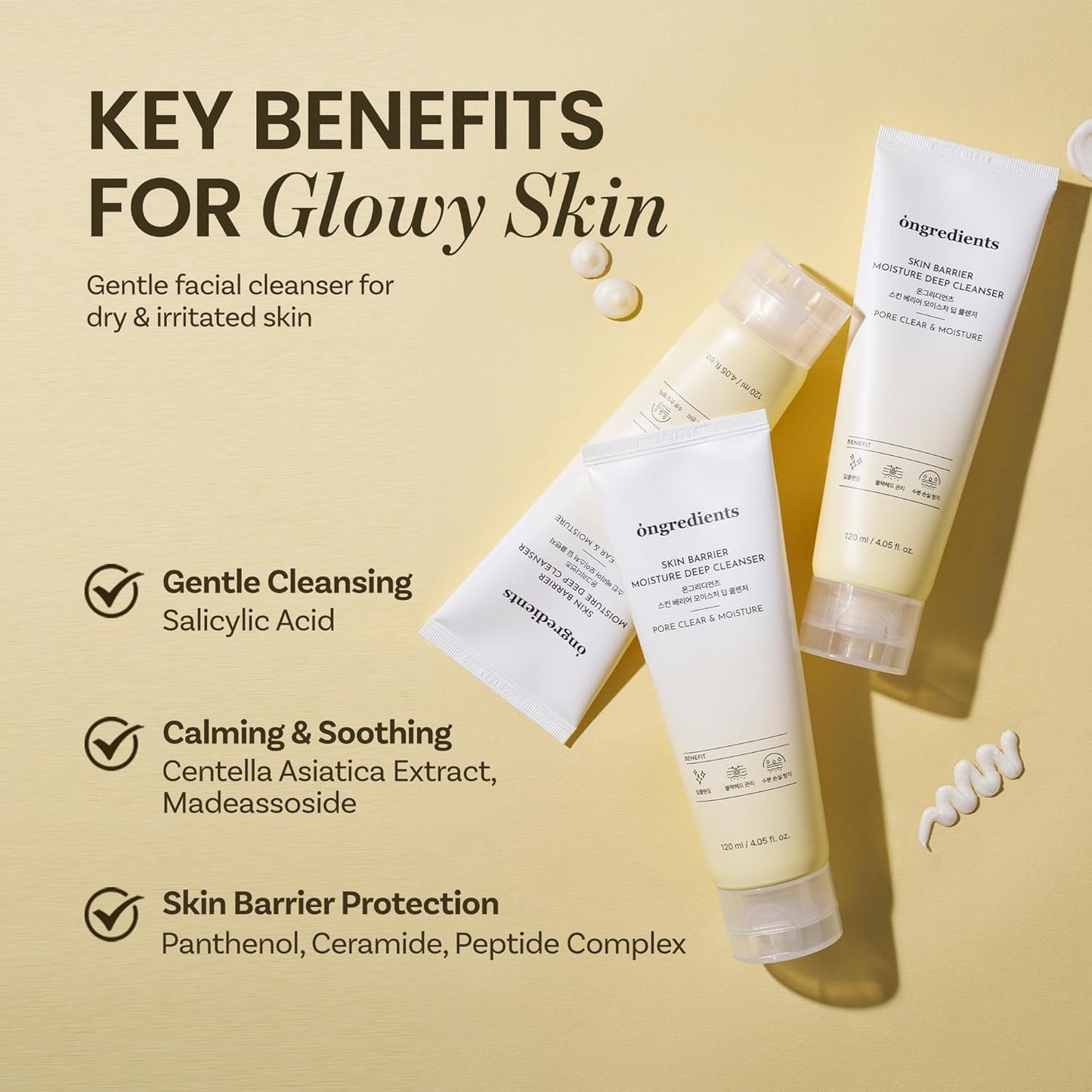 ONGREDIENTS Skin Barrier Moisture Deep Cleanser | Daily Face Wash for All Types | Centella, Peptide, AHA, LHA, Hydrating, Soothing, Pore Tightening | Vegan, Korean Skin Care 4.06 fl Oz