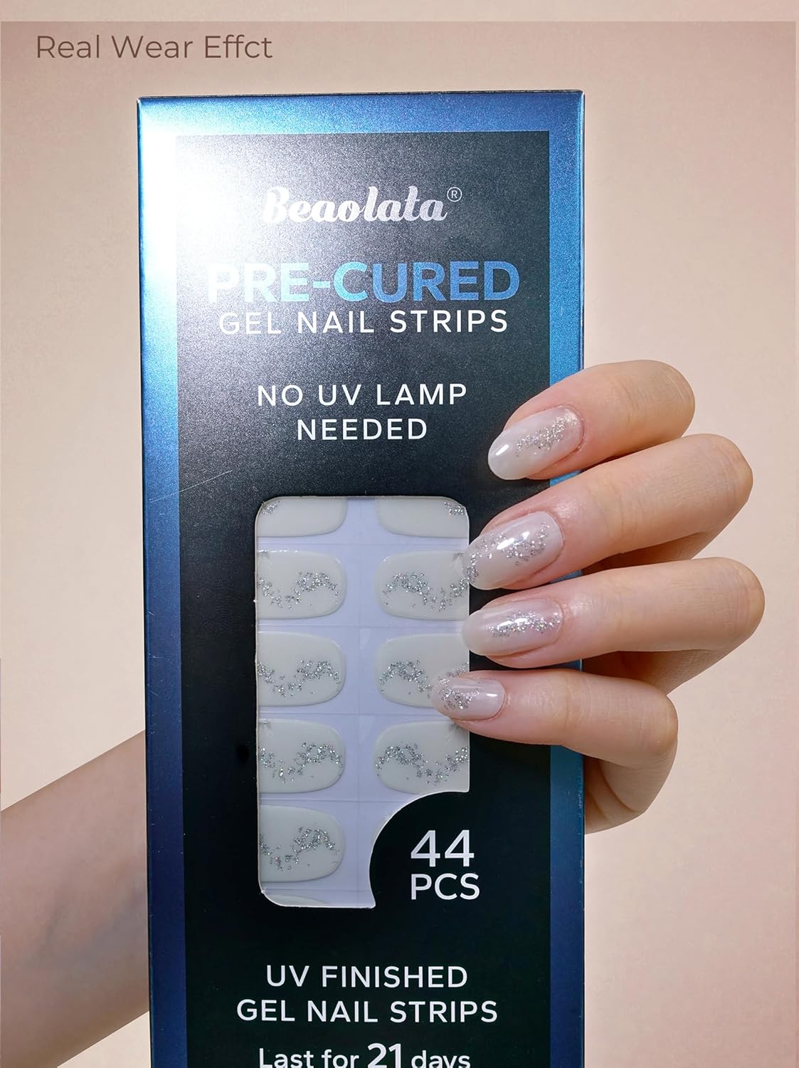 Pre Cured Gel Nail Strips - 44PCS Salon Quality Gel Nail Stickers - Long Lasting Polish Wraps for Women no UV Light Needed Easy Apply& Remove (Midnight White)