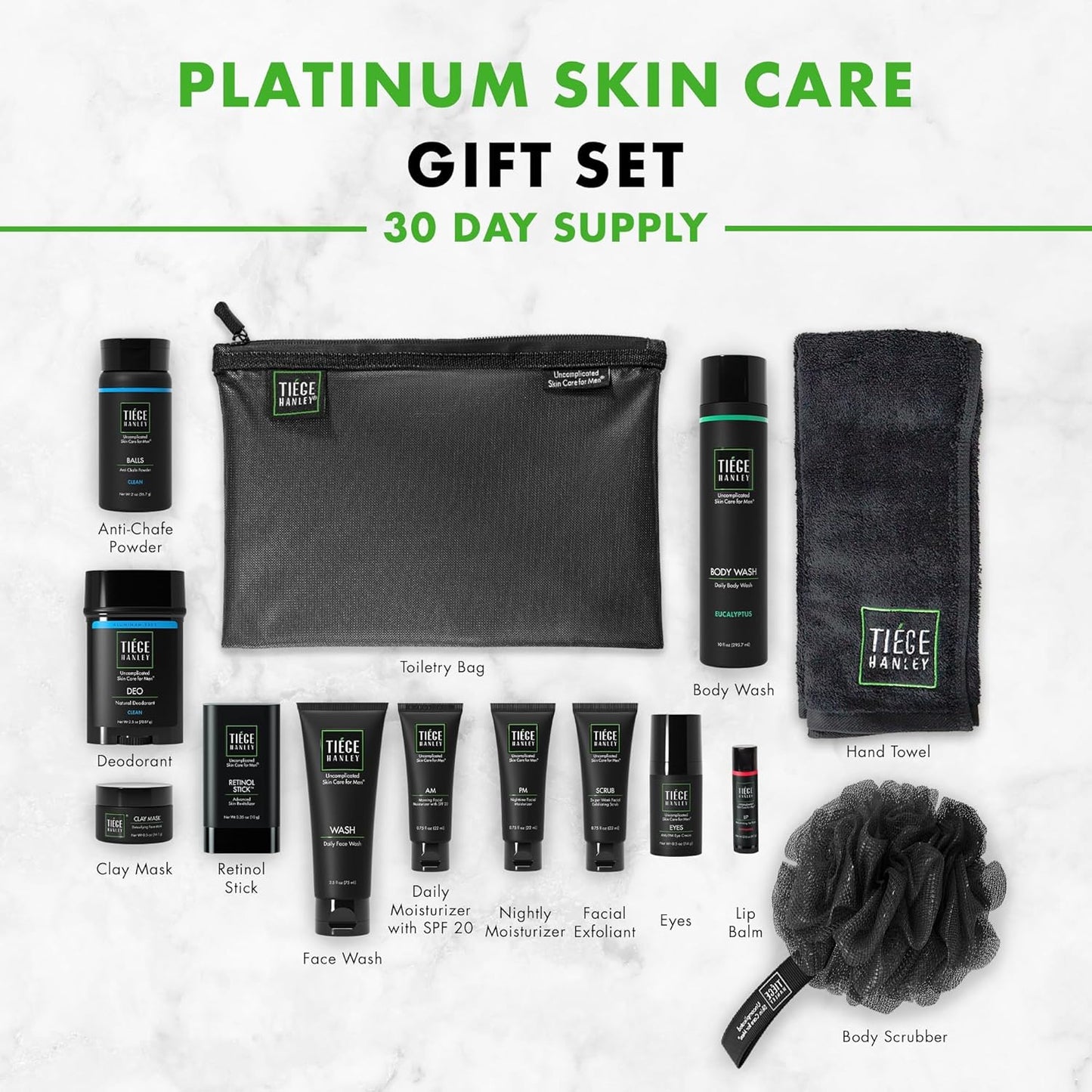 Tiege Hanley Mens Skin Care Gift Box Set, Platinum - Men's Skincare Set Includes Face Wash, AM & PM Moisturizer, Scrub, Eye Cream, Clay Mask, Retinol Stick, Body Wash, Deodorant, Lip Balm
