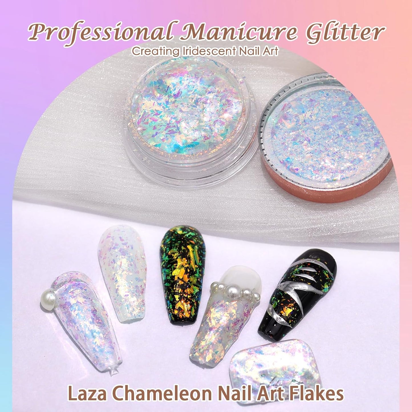 Laza Colorful Moonlight Chameleon Flakes Nail Glitter Irregular Opal Nail Foil Flakes Chunky Confetti Color-Shift Sequins Iridescent Fairy Dust for Mermaid Nails Design, Nail Decorations for Nail Art