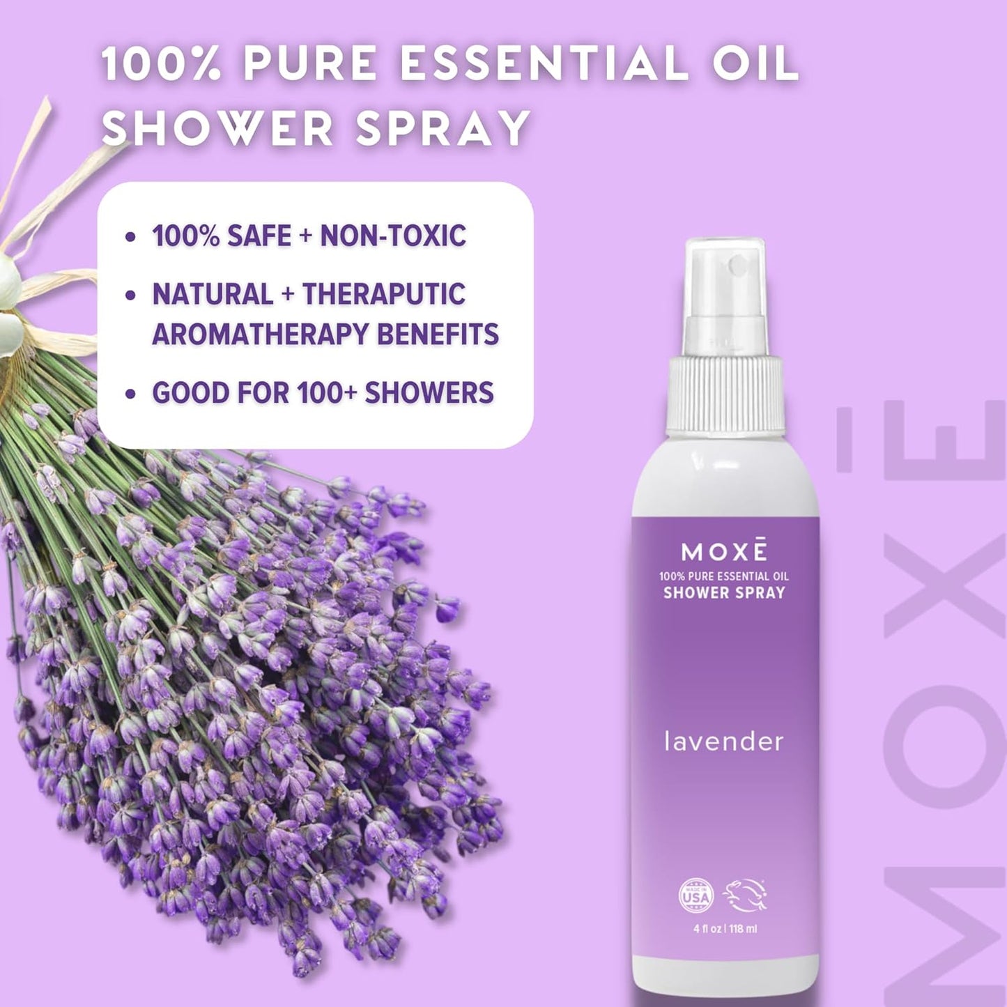 MOXE Lavender Oil Shower Mist, Spa Steam Spray, Certified Natural 100% Essential Oils, Made in USA, Aromatherapy, Tension Relief (4 FL Oz, Pack of 2)