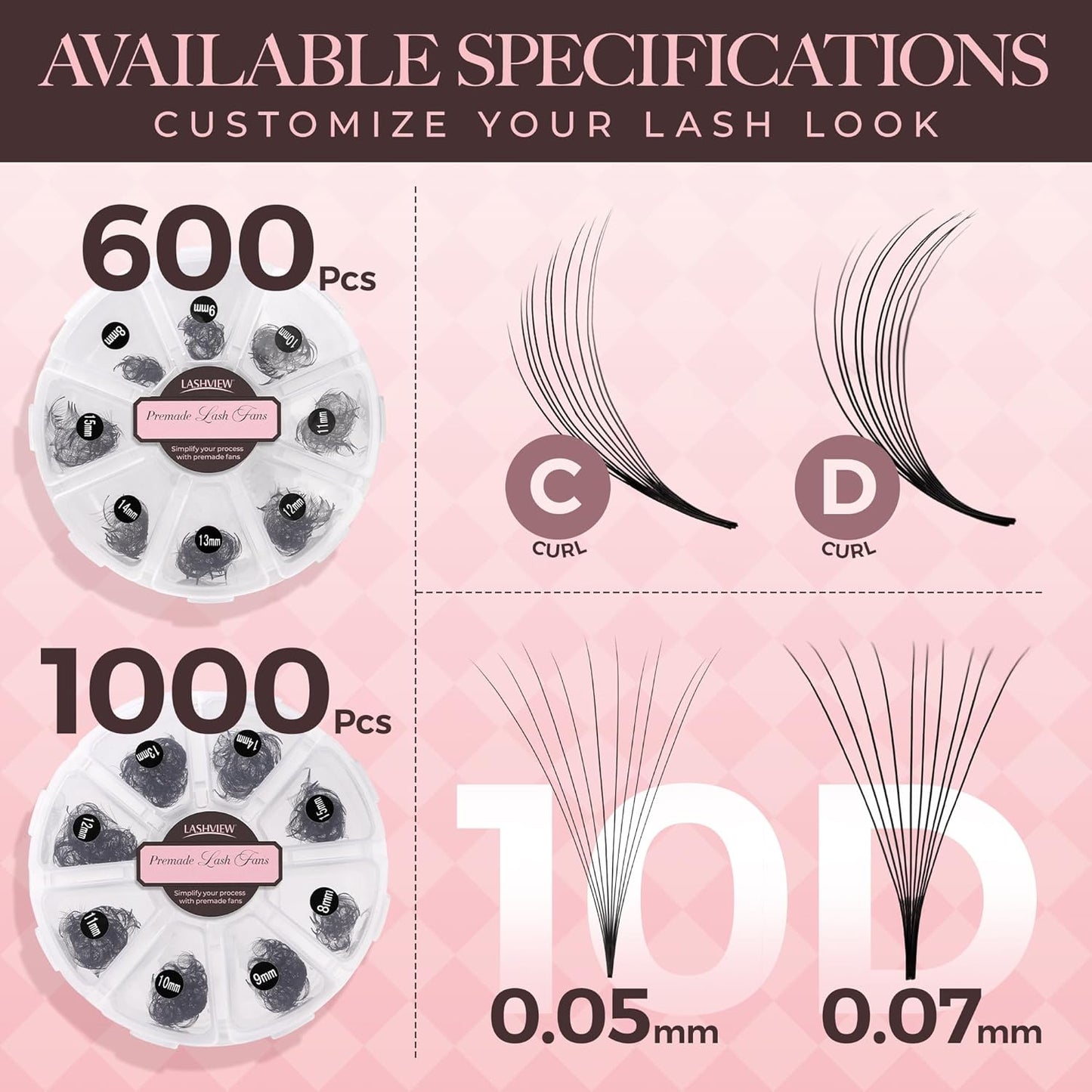 LASHVIEW 1000 Fans 10D Premade Volume Eyelash Extensions Mixed Tray Premade Fans Eyelash Extensions D Curl Premade Lash Fans Pointed Handmade Promade Loose Fans Thin Base (10D-0.07D,8-15mm)