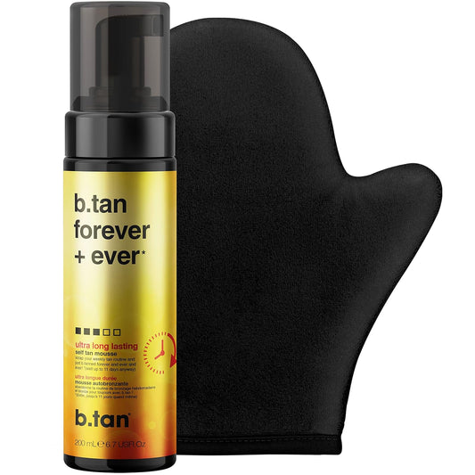 b.tan Ultra Long Lasting Self Tanner Kit | Forever Bundle - Best Dark Sunless Tan Mousse, Lasts Up to 11 Days, Tanning Mitt Applicator, 1 Hour Express Foam, Fast, No Fake Tan Smell, 6.7 Fl Oz