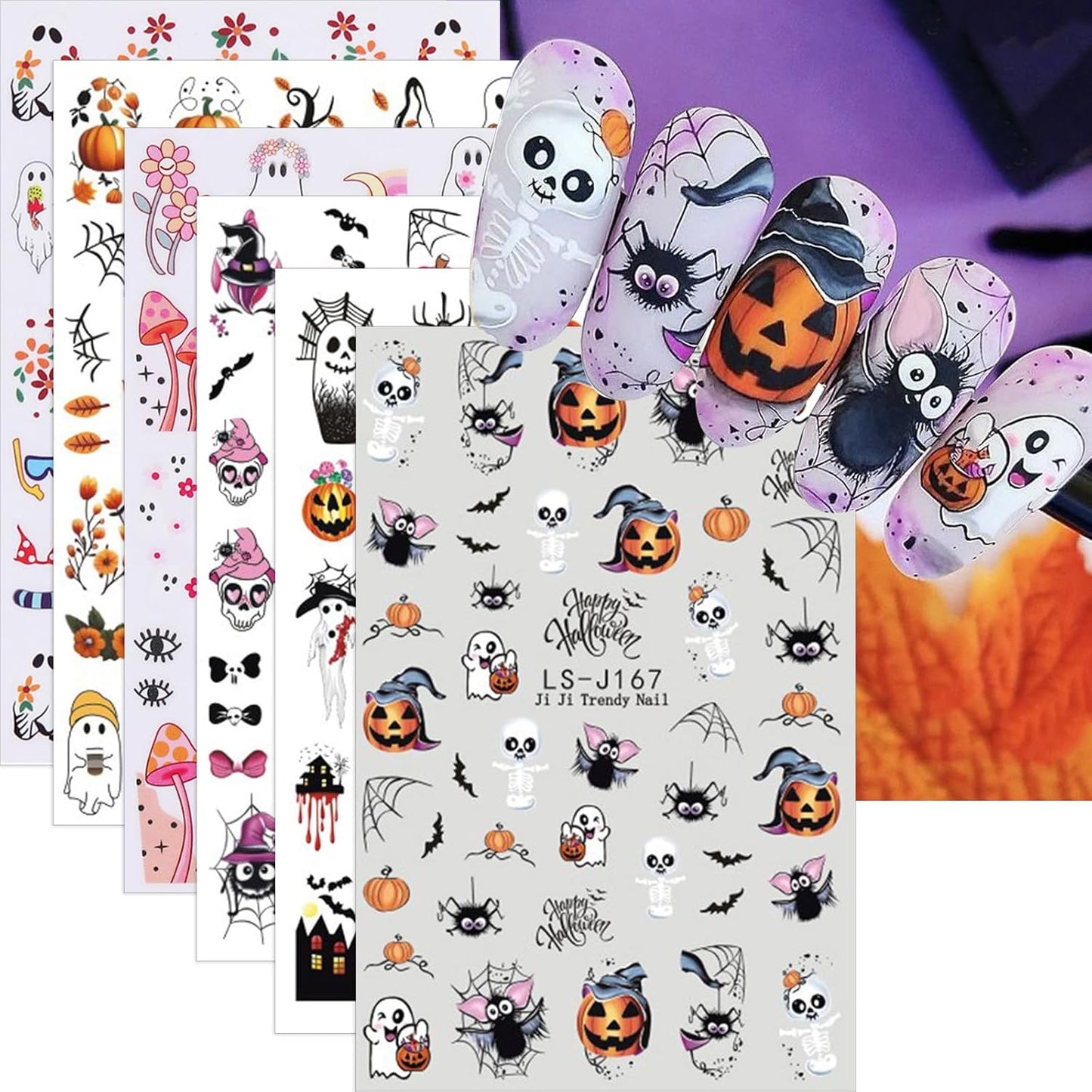Spooky Nail Stickers Halloween Pumpkins Nail Decals 6PCS Self-Adhesive Flower Bat Spider Web Mushroom Skull Ghost Design Nail Art Supplies Festive DIY Manicure Decorations for Women Salon Manicure Kit