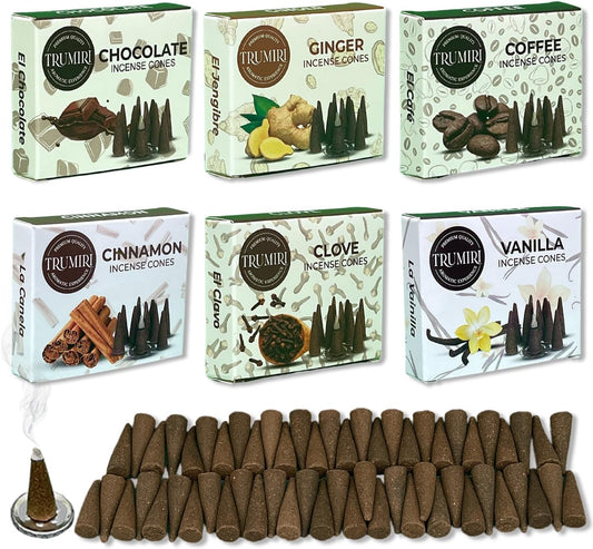TRUMIRI Gourmet Incense Cones - Variety Pack - Total 60 Cone Incense (6 Scents x 10 Conos) - Vanilla, Cinnamon, Coffee, Chocolate, Clove, Ginger - Cone Incense Scents - Insense Cones - Incent Cone