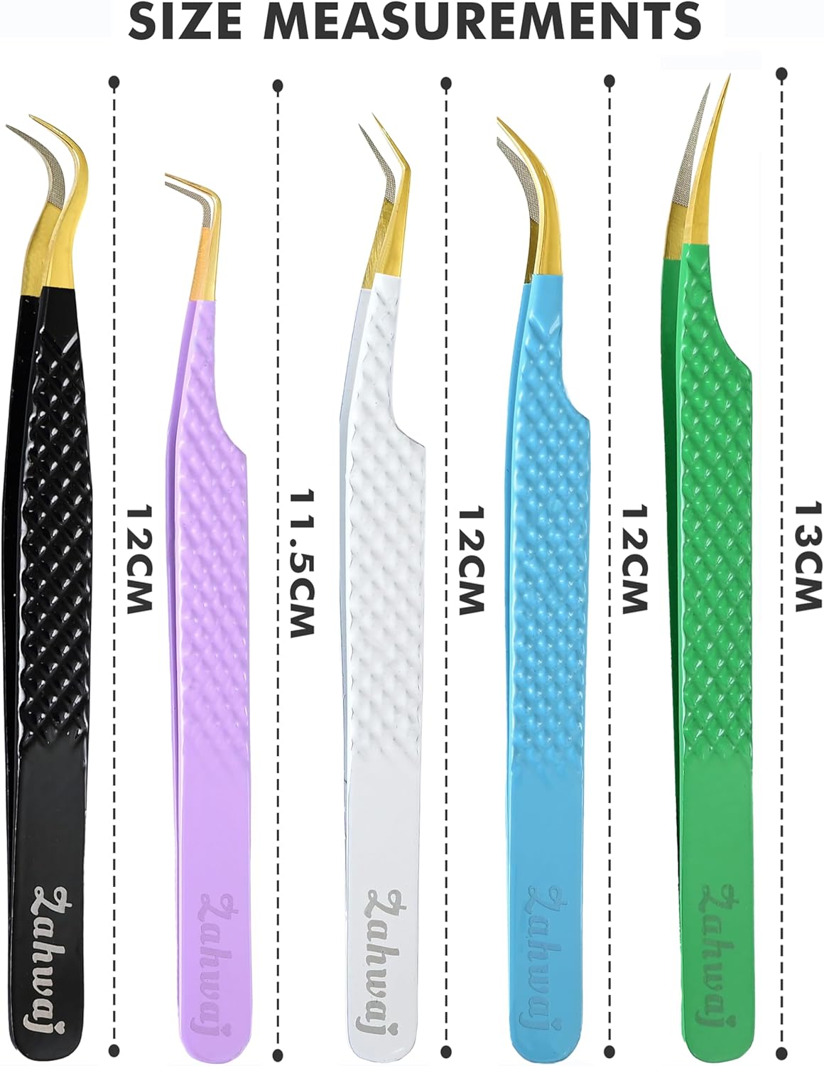 Lash Tweezers - Set of 5 Diamond Grip Eyelash Tweezers - Stainless Steel Professional Fiber Tip Lash Tweezer for Eyelash Extensions (Multicolor)