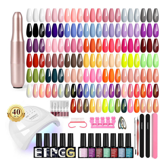 PHOENIXY 53 Pcs Gel Nail Polish Kit with U V light and Drill, 35 Colours Gel Polish with 5 Pcs Base Top Coat Manicure Starter Nail Polish Set Gifts for Women ST9014