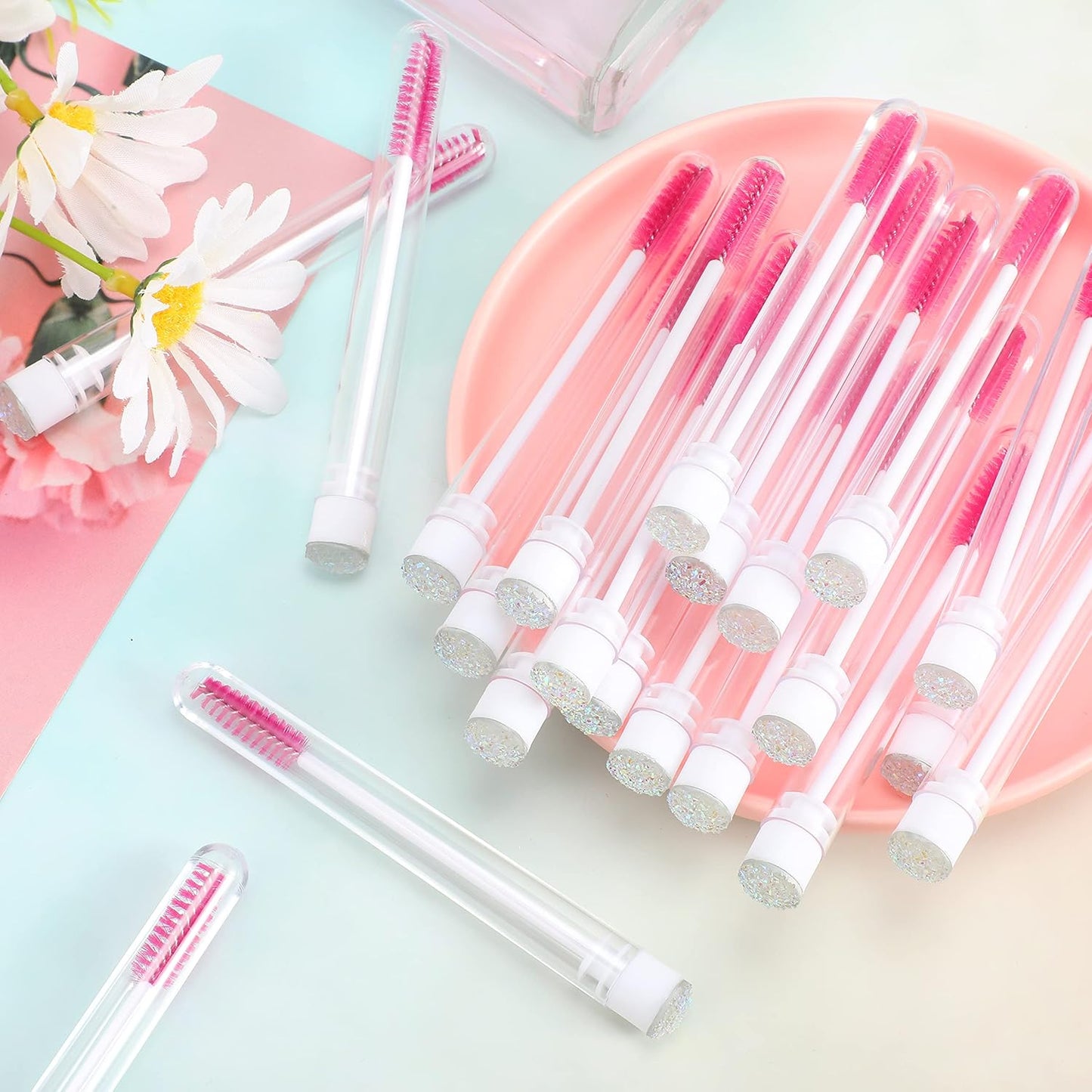 80 Pieces Disposable Mascara Brushes Tubes Set, 40 Pieces Empty Mascara Wand Tube with 40 Pieces Eyelash Brush Makeup Tool for Eyelash Extension(Colorful Sequins Style)