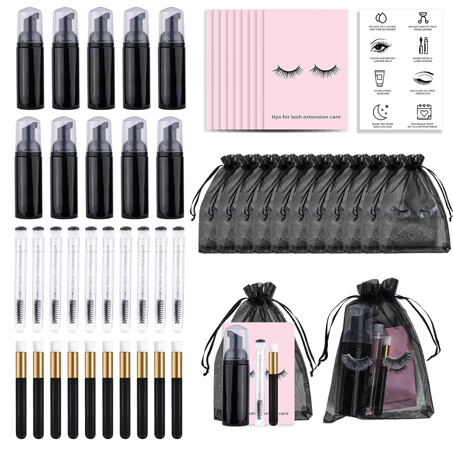 50PCS Lash Shampoo Bottles Brushes Set, Empty Lash Shampoo Bottle, Lash Cleaning Brush, Eyelash Extension Tube Brush, Instructions Cards, Aftercare Bags for Lash Business Clients (50pcs in black)