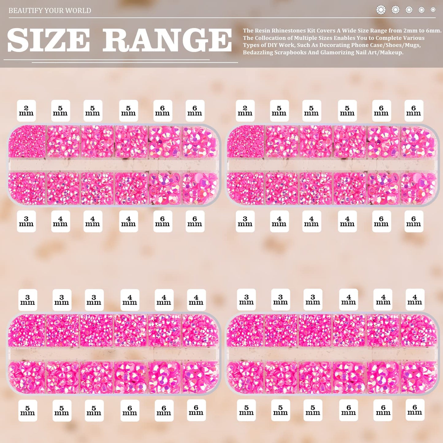 7000PCS Resin Rhinestones with Tweezers for Crafting, 2/3/4/5/6mm Flatback Jelly Rhinestones, 4 Box Hot Pink AB Non Hotfix Crystal Gems for DIY Crafts Mugs Tumblers Clothes Makeup Nail