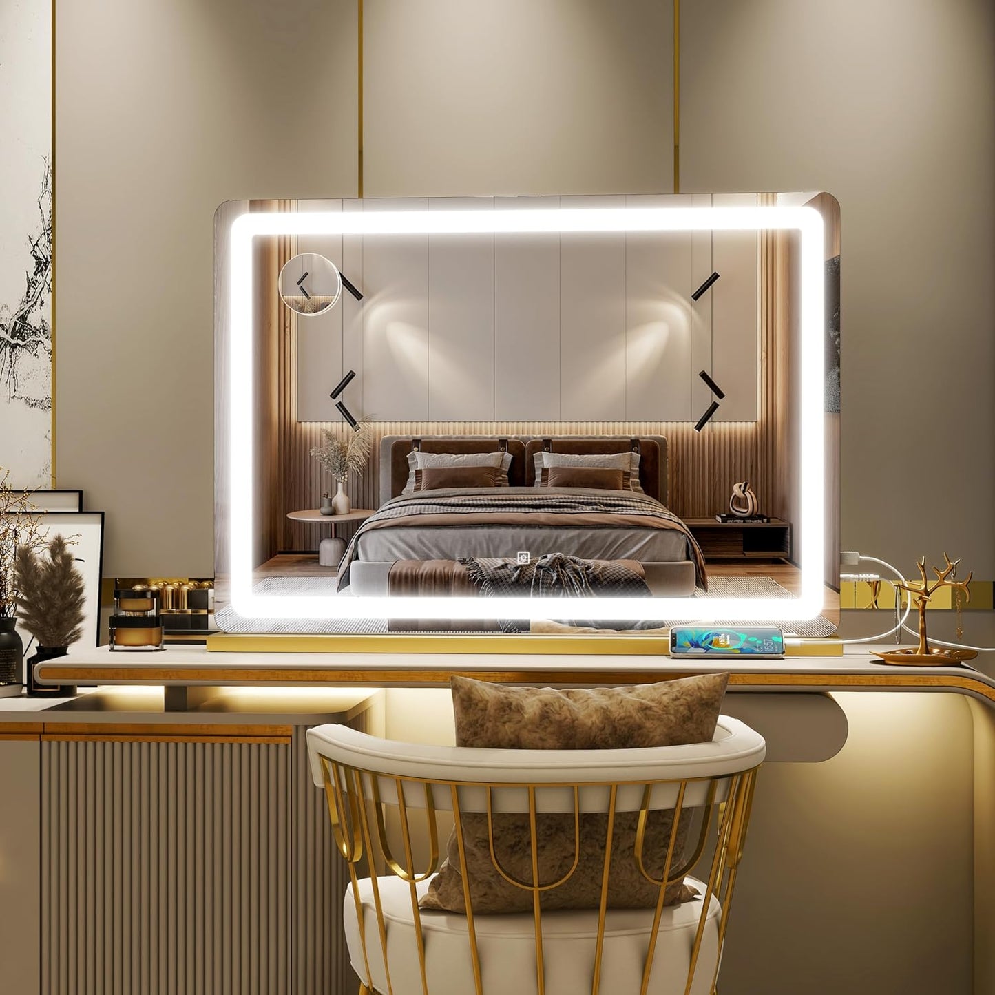 Gold Vanity Mirror with Lights, 32" x 22" Large Lighted Vanity Mirror with Dimmable 3 Modes, LED Makeup Mirror, USB Charging Port, Tabletop or Wall-Mounted