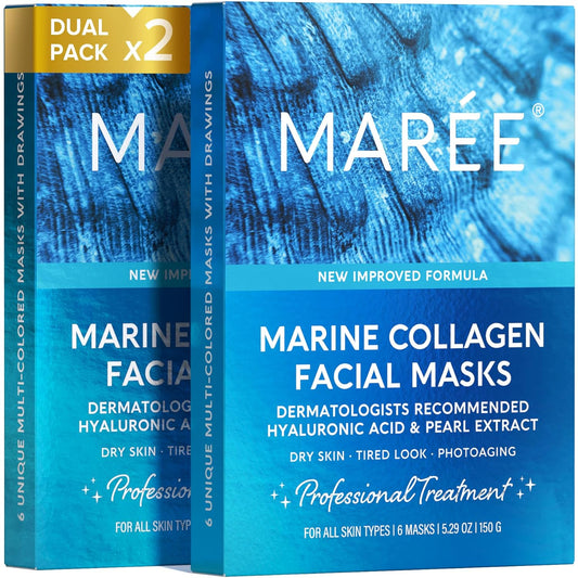 MAREE Collagen Facial Mask with Hyaluronic Acid 2 PACK - Hydrating Face Masks Skincare - Mascarillas Faciales For Women Skin Care - Multicolor, 12 Count