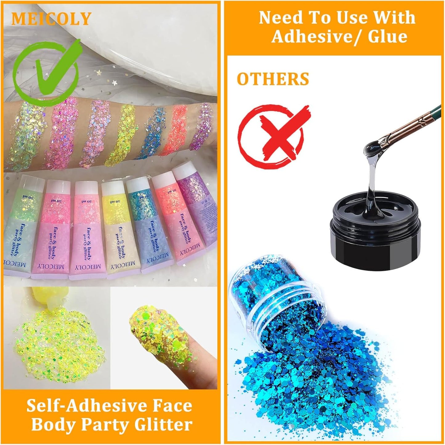 MEICOLY Chameleon Yellow Body Glitter,Chunky Face Glitter for Halloween,Color Changing Mermaid Glitter Face Paint,Holographic Glitter Sequin for Face Body Hair,Festival Party Cheer Glitter Makeup,50ml