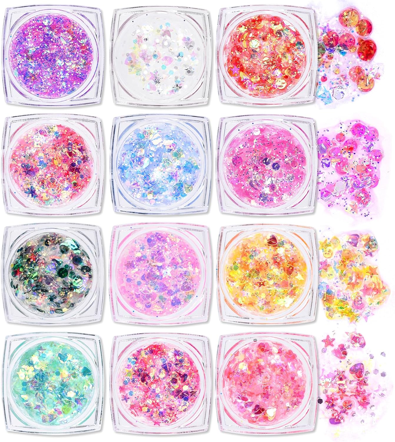 Ownest 12 Colors Holographic Chunky Glitter Gel Set, Christmas Party Makeup Face Body Eye Lips Hair Nail Cosmetic Festival Chunky Glitter Eyeshadow, Mixable, No Need Glue