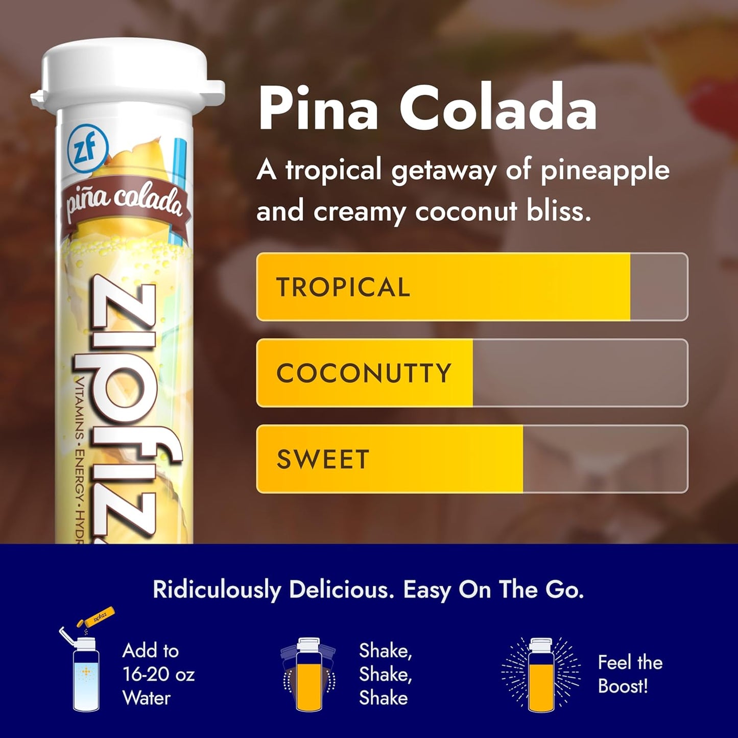 Zipfizz Daily Energy Drink Powder, Pina Colada, 20 Pack | 3-in-1 Sustained Energy, Rapid Hydration, and Essential Vitamins | Sugar-Free | Electrolyte Powder | Contains Vitamin B-12 & Antioxidants