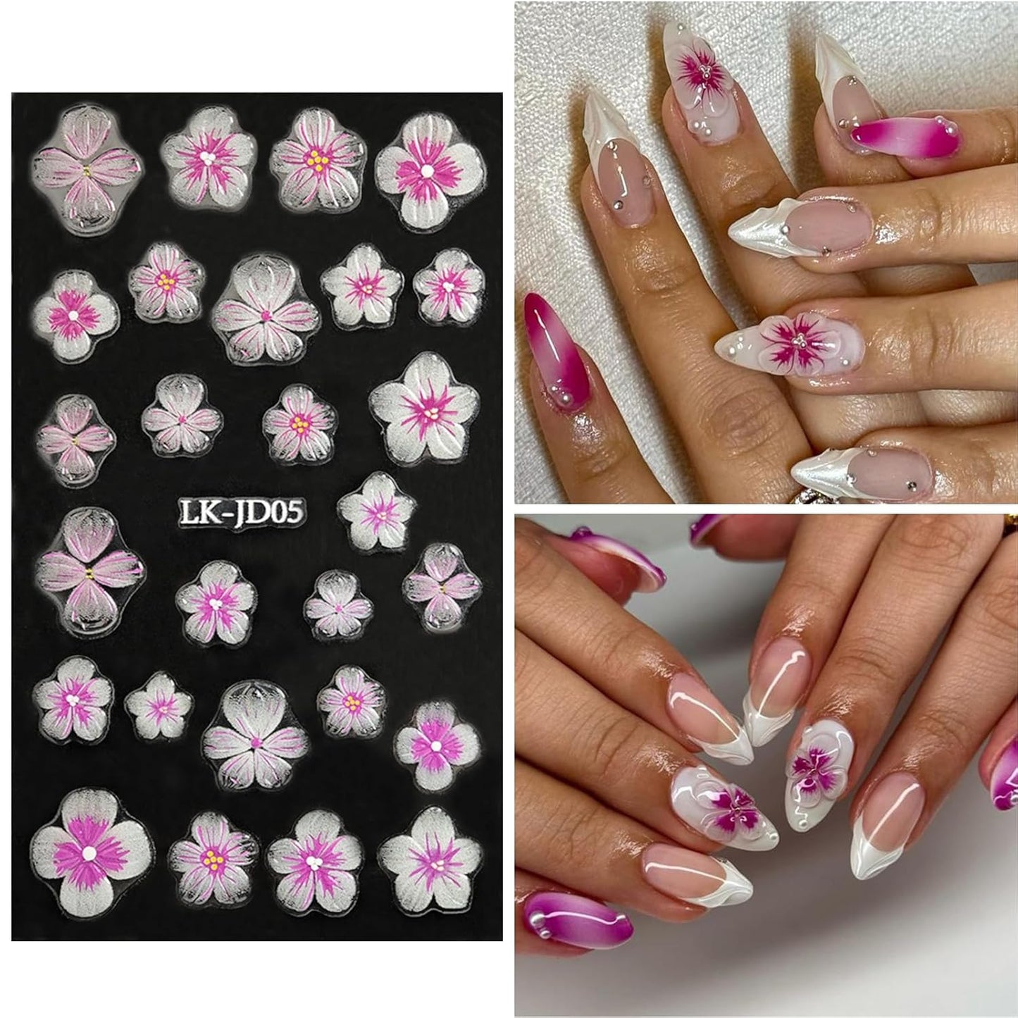 Flowers Nail Stickers 5D Embossed Nail Art 6 Sheets Colorful Nails Decals 3D Self-Adhesive Plumeria Supplies for Women Girls Manicure Nail Decoration Spring Summer Nails Design Sticker