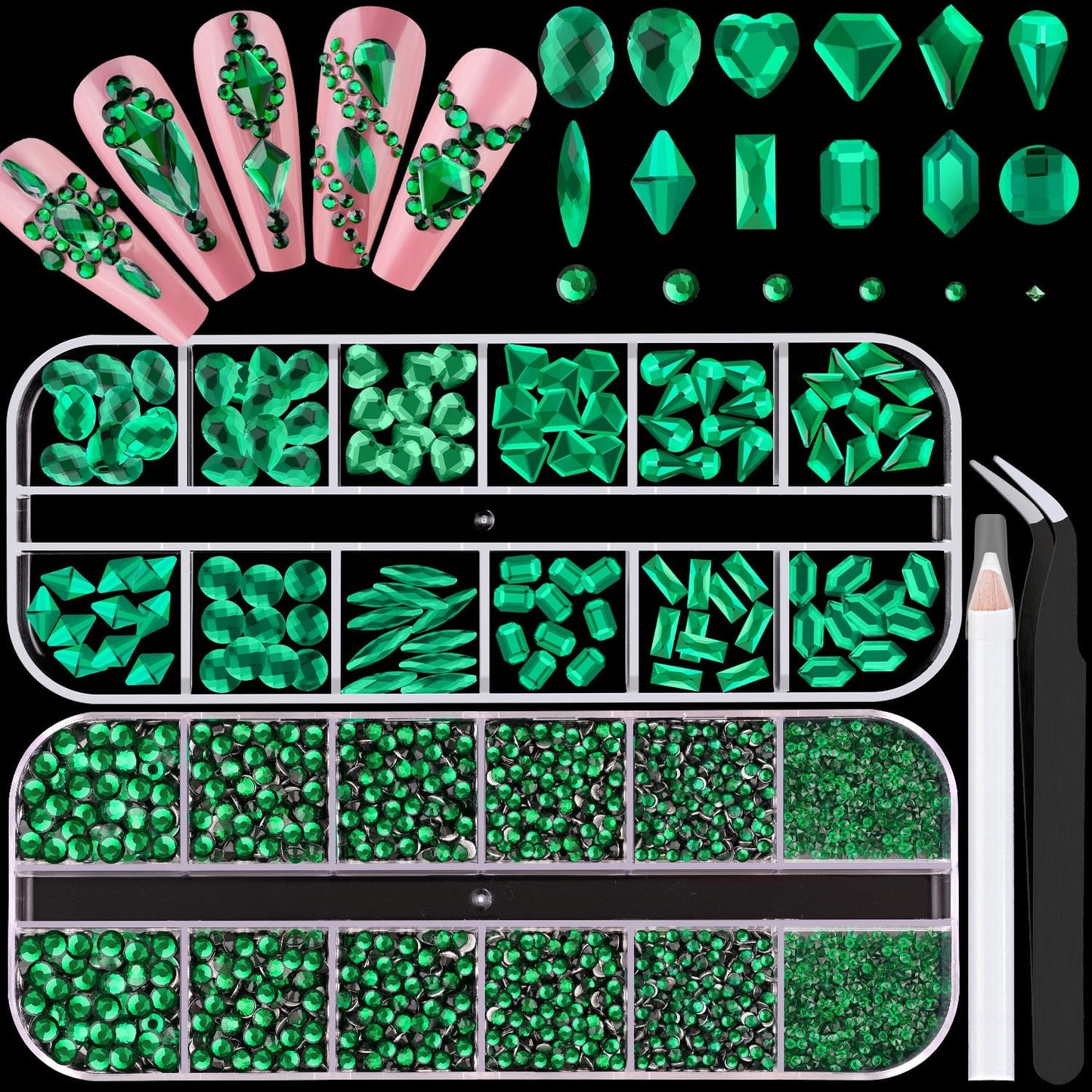 2680Pcs Emerald Green Glass Nail Rhinestones 120Pcs Multi Shapes Flatback Nail Gems + 2560Pcs 1.5-4mm Round Crystal, Manicure Nail Charms Diamond Gemstone for Acrylic Nails Decoration