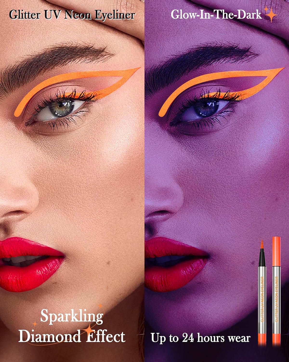 Glitter UV Neon Eyeliner Pencil, Waterproof Smudge-Proof Orange Eye Liner Liquid Pen, High-Pigment Shimmer Eyeliner Pen Long-Lasting Colorful Professional Makeup,Halloween Rave Party Gift for Women-04