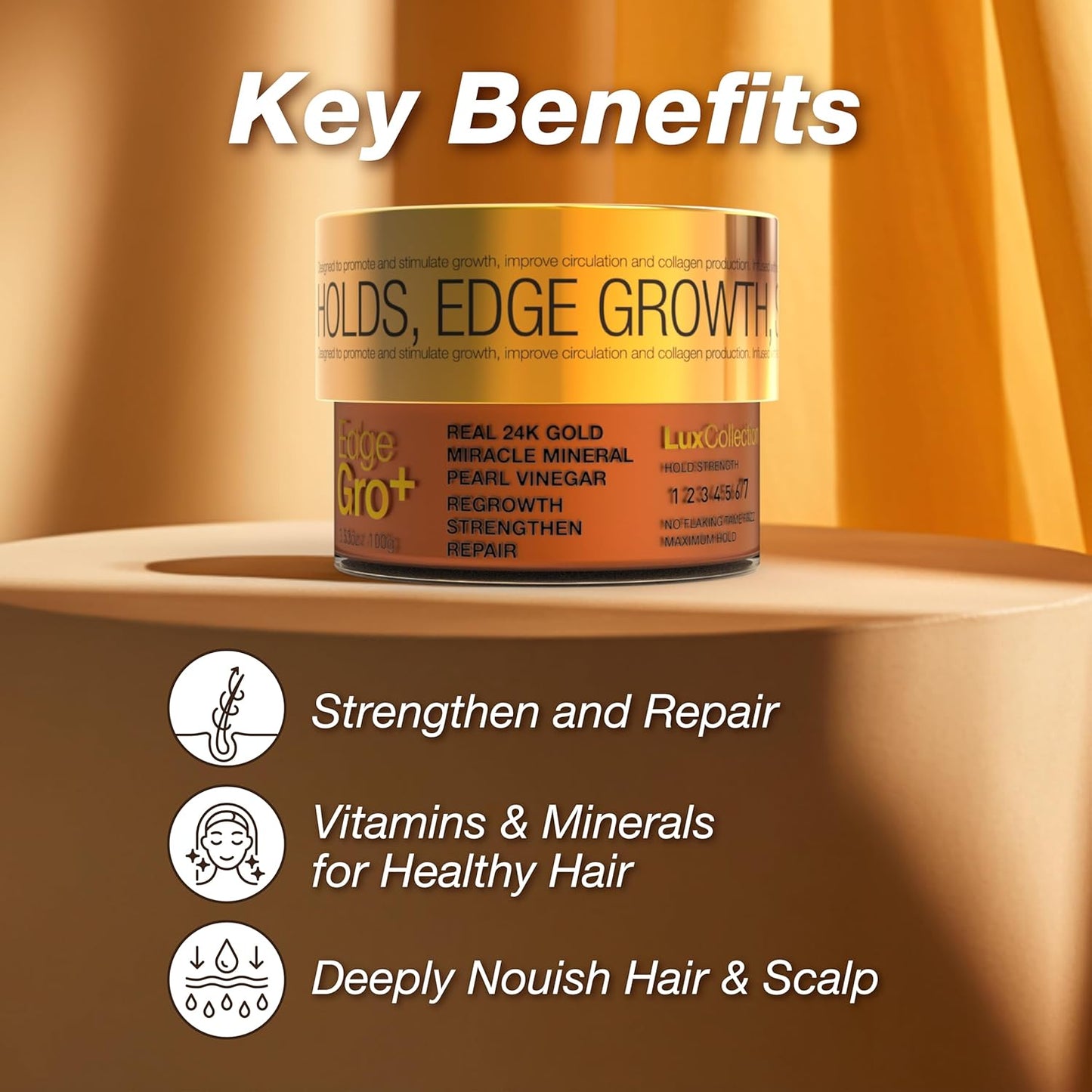 Edge Lux Edge Gro+ Real 24K Gold Repairing Edge Control Gel with Castor Oil, Biotin, Miracle Mineral, and Pearl Powder - Strengthening Hair Gel for All Hair Types, 3.53 Ounce