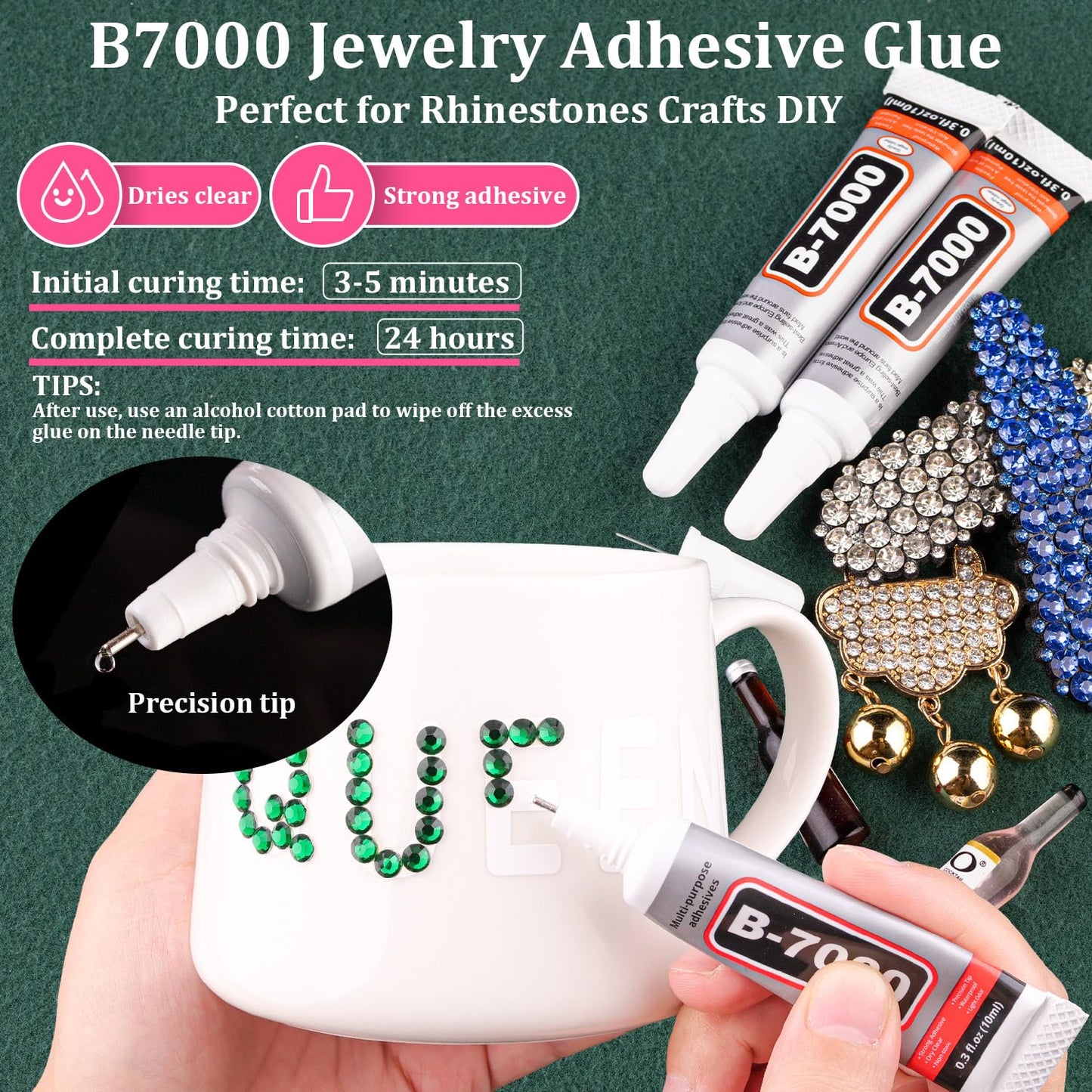 Resin Rhinestones for Crafting with B7000 Jewelry Glue, 1 Box Dark Green Flatback Crystals with 3Pcs 10ml Glue for Bedazzling Crafts DIY Nail Art Makeup，Non Hotfix Gems for Clothing Shoes