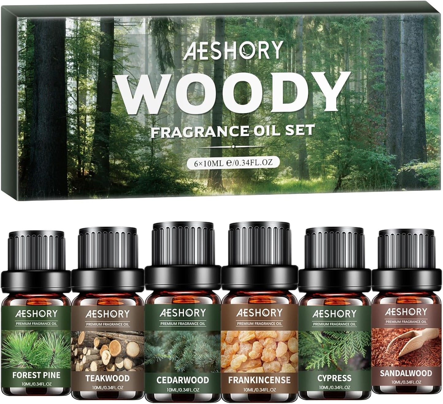 Woody Essential Oils Set - 6x10ML Woody Scents Fragrance Oil for Candle Making, Diffuser - Teakwood, Sandalwood, Cedarwood, Cyperss, Forest Pine, Frankincense Aromatherapy Oils