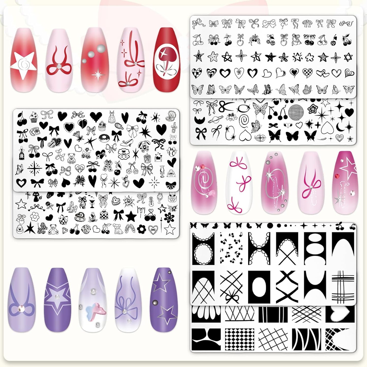 Whaline 6Pcs Coquette Nail Plates Stamping Set Bow Cherry Heart Stamp Templates Nail Art Plates for DIY Print Manicure Salon Design