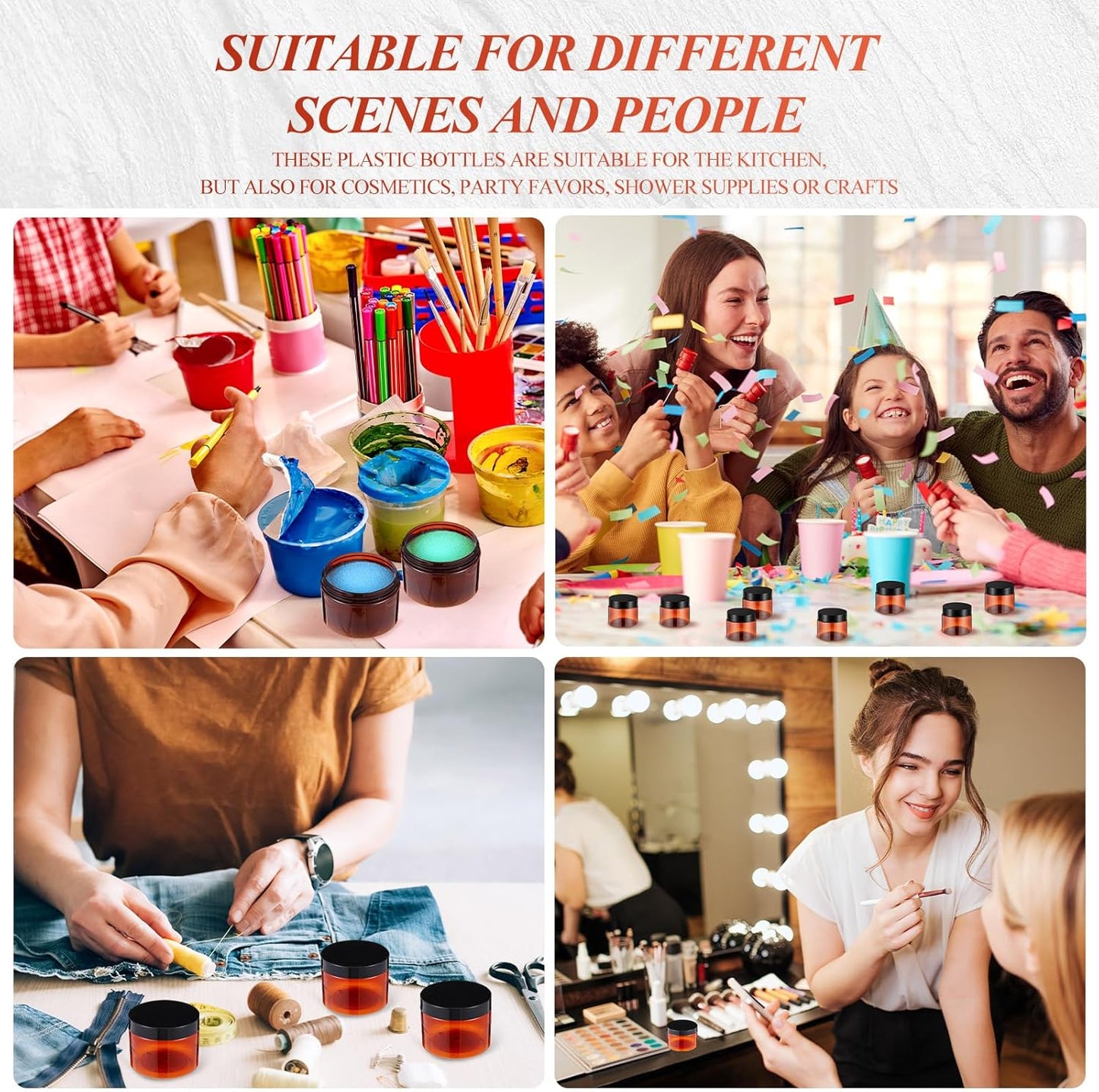 SATINIOR 24 Pieces Empty Clear Plastic Jars with Lids Round Storage Containers Wide Mouth for Beauty Product Cosmetic Cream Lotion Liquid Butter Craft and Food(Amber Lid,2 oz)