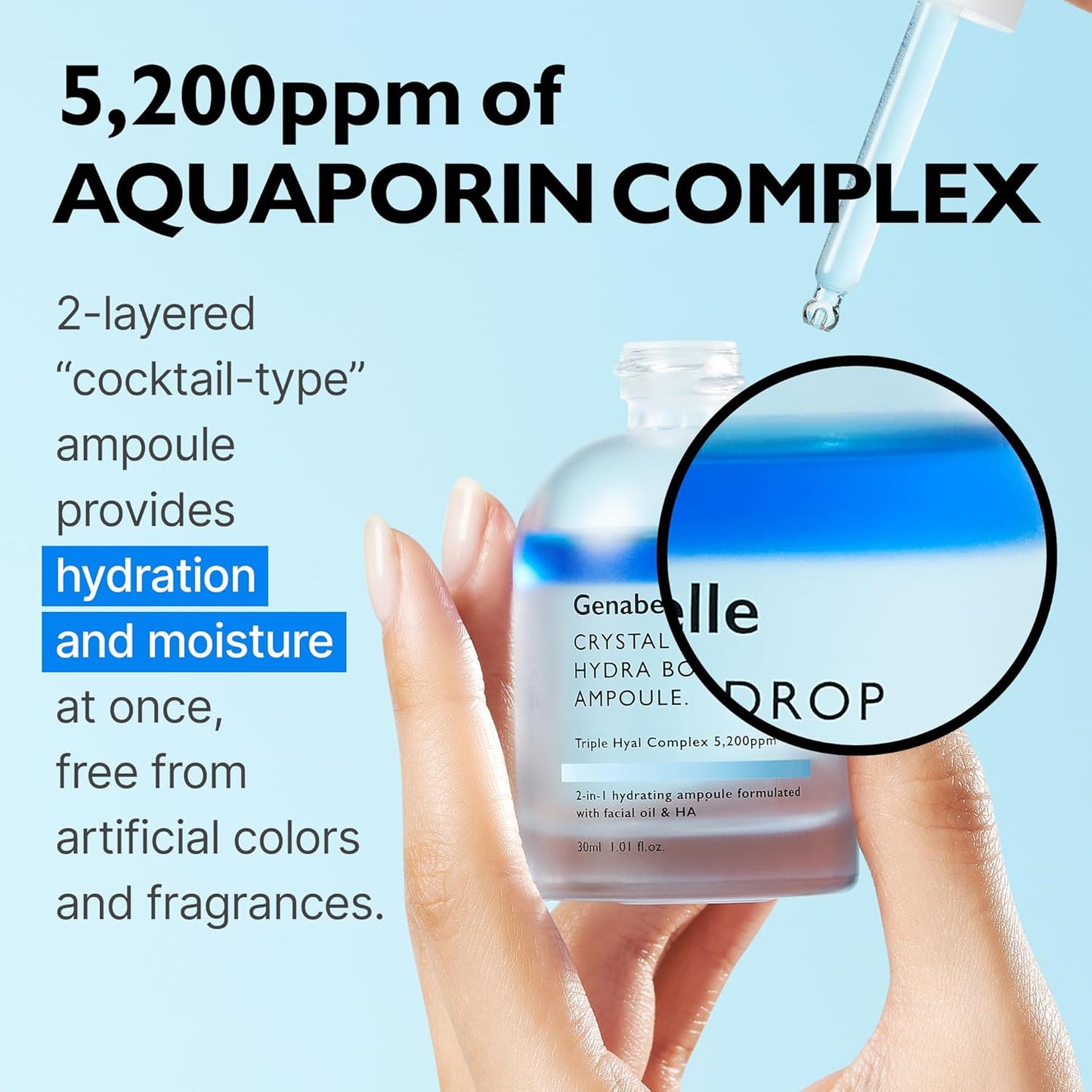 Crystal Drop Hydra Booster Ampoule – Hydrating Serum with Hyaluronic Acid, Panthenol & Jojoba Oil for Skin Barrier and Glow – 1.01 fl.oz