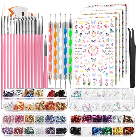 FANDAMEI Nail Art Brushes Set, Nail Art Kit, Nail Design Kit, Nail Art Dotting Pens, Nail Stickers, Butterfly Nail Art Sequins, Nail Foils, Nail Art Flakes Iridescent, Rhinestones For Nails