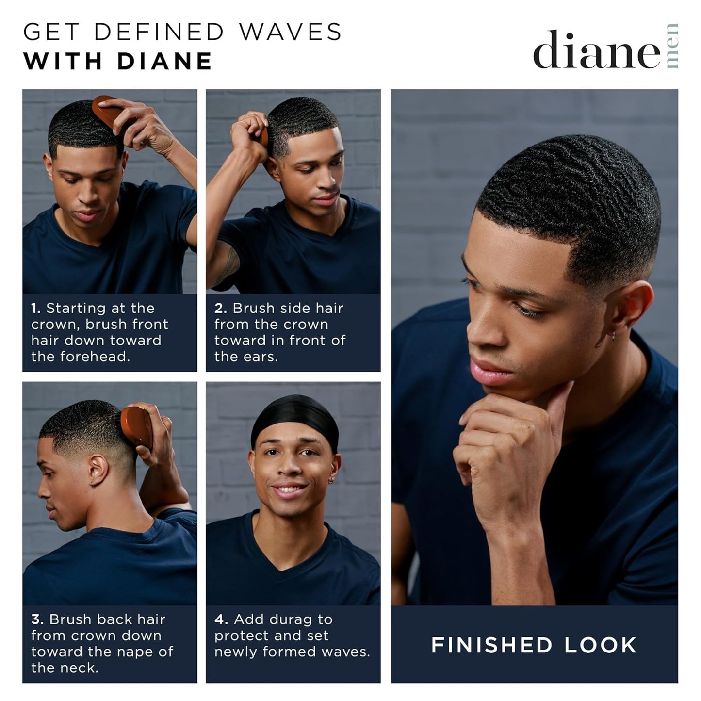 Diane Premium 100% Boar Bristle 7 Row Wave Brush for Men and Barbers, Medium-Firm Bristles for Thick Coarse Hair, Detangling, Smoothing
