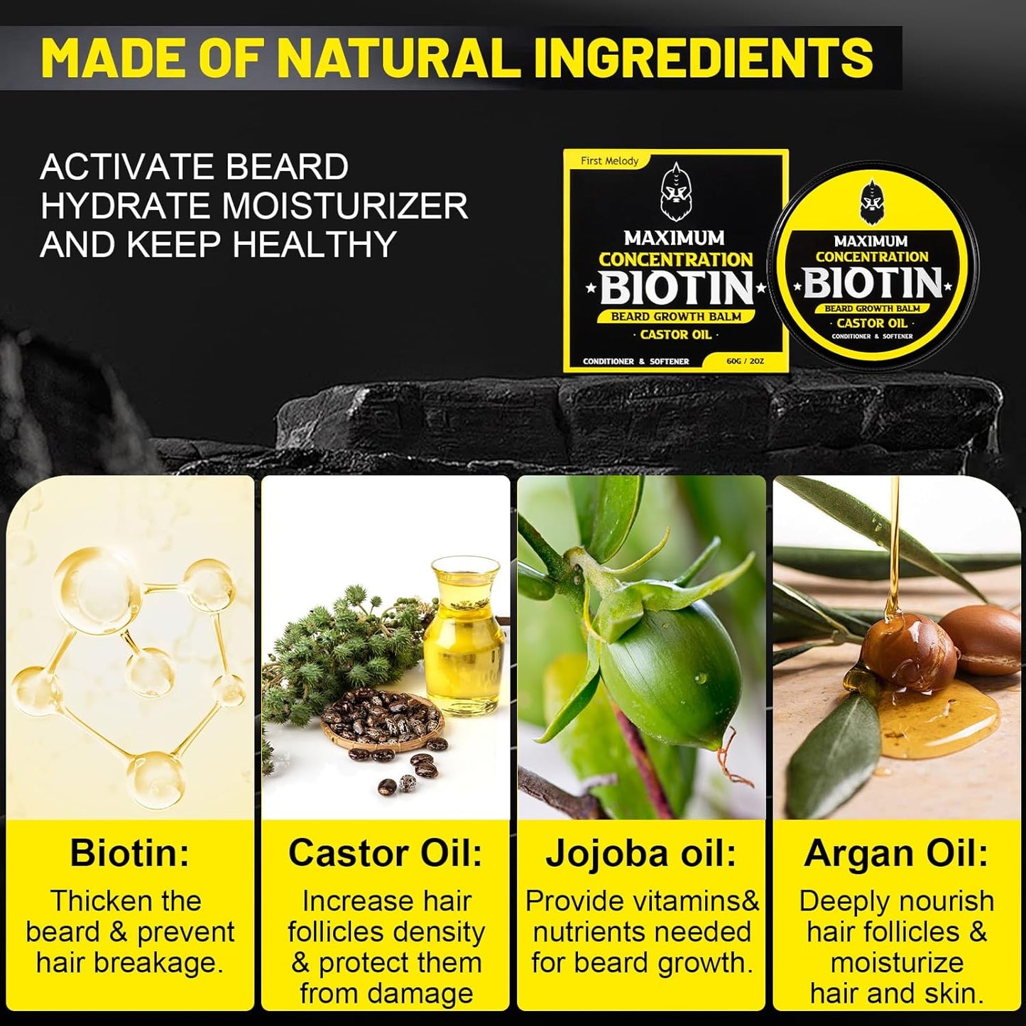 Beard Balm, Maximum Concentration BIOTIN, with Castor Oil and Argan & Jojoba Oils, Promotes Beard Growth, Styles, Strengthens & Softens Beards & Mustaches, 2 Ounce，Sandalwood