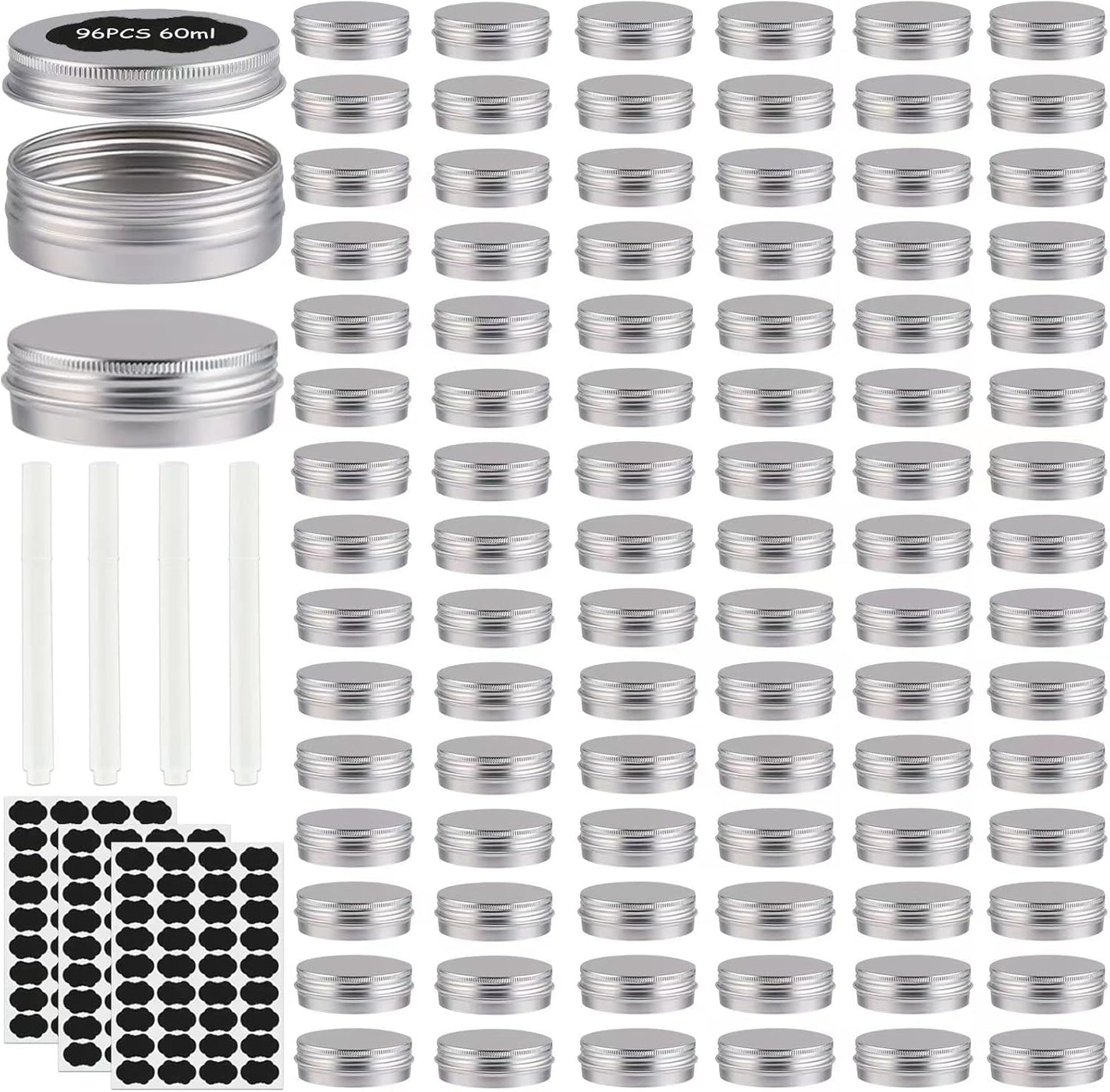 96 Pack Round Cans with Screw Lid 2 Oz Aluminum Metal Tins DIY Food Candle Containers for Lotion Bars, Balms, Salve, Spices, Beard Balm, Crafts with 4 Markers 3 Sheets Label Stickers (Silver)