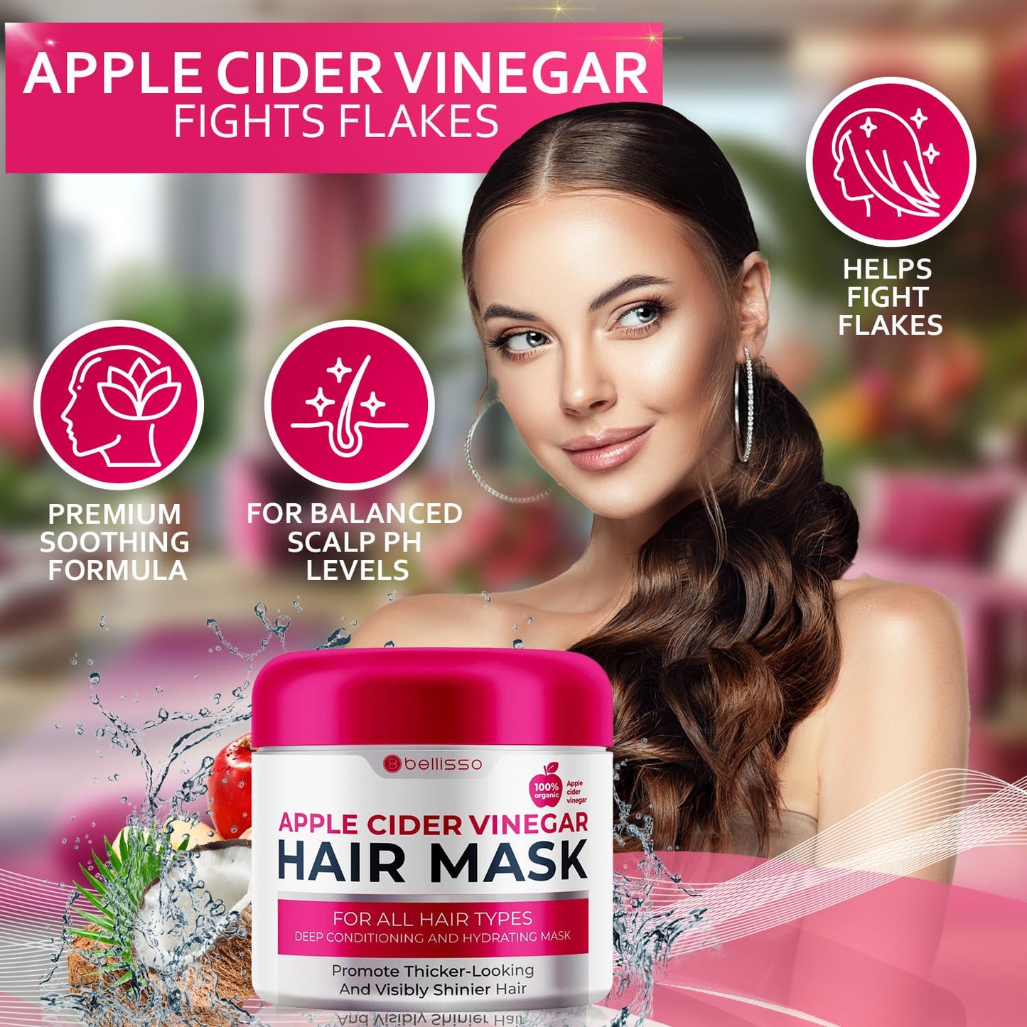 Apple Cider Vinegar Deep Conditioning Mask - Treatment for Dry Damaged Hair and Split End Repair - Sulfate Free Formula with Collagen, Keratin and Argan Oil - For Flaky Scalp and Dandruff Relief