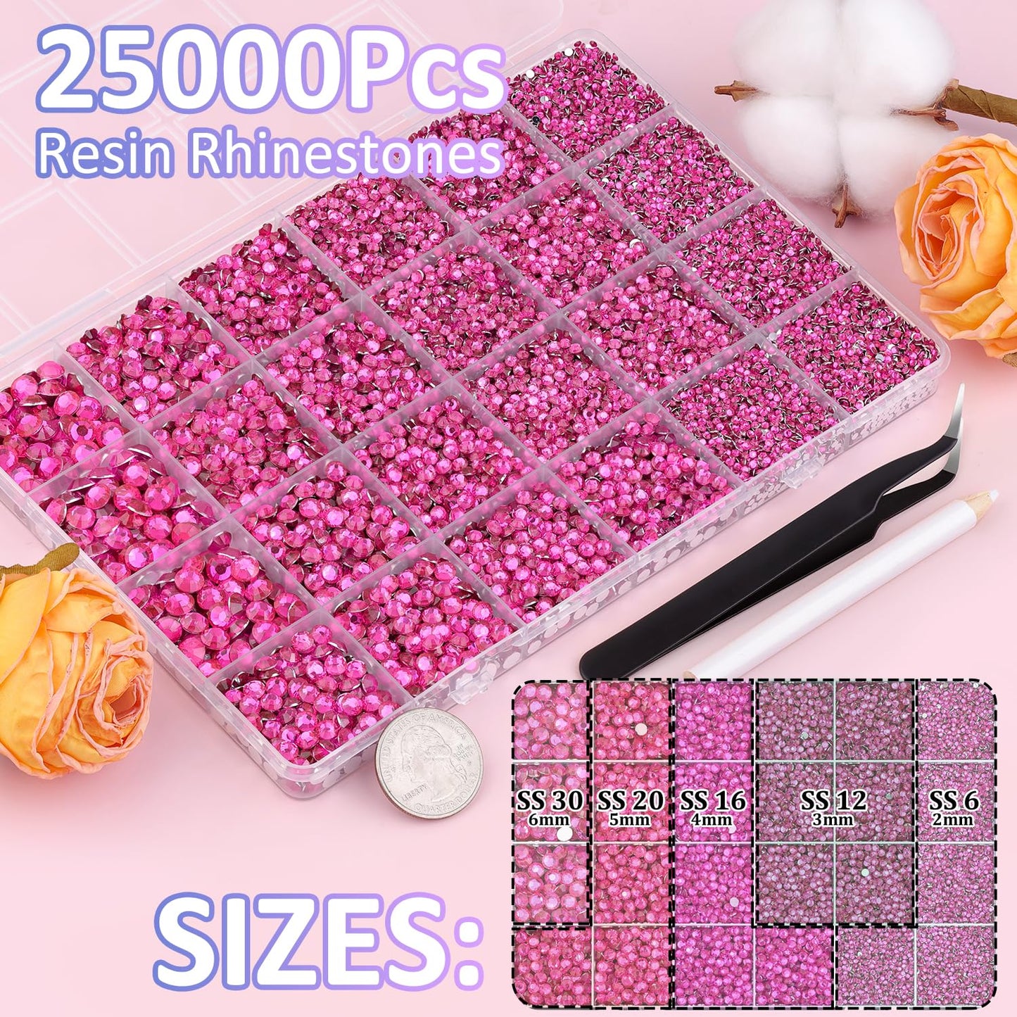 25000Pcs Resin Rhinestones with Tweezers for Crafting, Hot Pink 2-6mm Mixed Sizes Bedazzling Crystal with 3Pcs 10ml B7000 Jewelry Glue for DIY Crafts Clothing Tumblers Shoes Fabric Nail Art