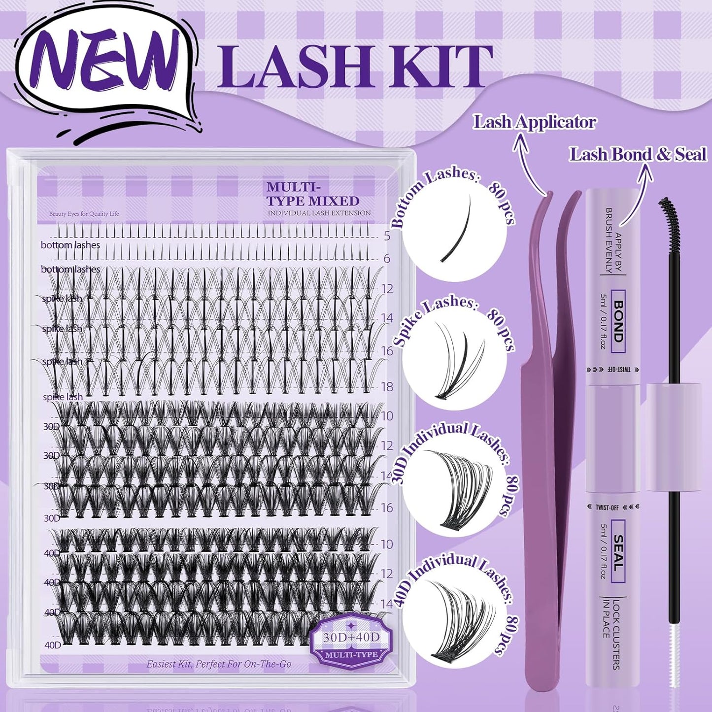 B&Q Lash Extension Kit with Spikes 30D+40D Lash Clusters Kit with Spikes Multi-Type 10-16 Mixed Eyelash Extension Kit with Bottom Lashes, 7D Spike Fans, Individual Lashes, Lash Tweezer(spike-30D+40D)