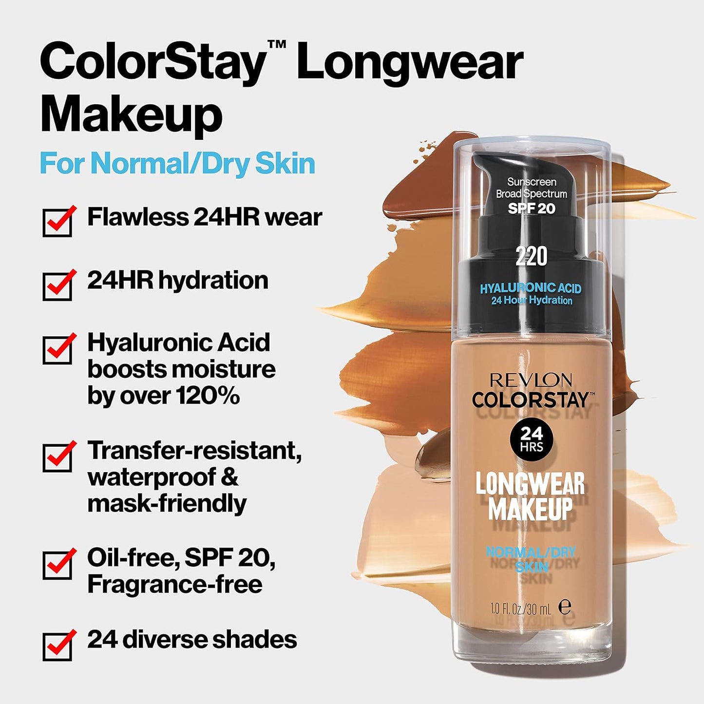 Revlon Liquid Foundation, ColorStay Face Makeup for Normal & Dry Skin, SPF 20, Longwear Medium-Full Coverage with Natural Finish, Oil Free, 395 Deep Honey, 1 Fl Oz