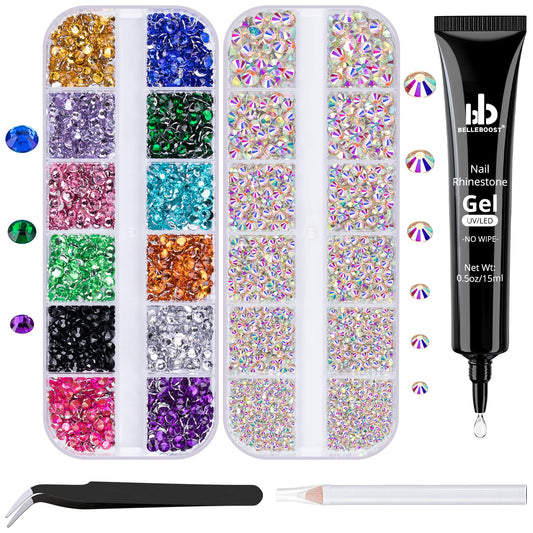 Nail Art Rhinestone Glue Gel&2 Boxes Flatback Gems Kit, 1 Tube of 15ml Rhinestone Gel Glue(UV/LED Needed)+Colorful Gems+Flat-Back Round Glass Crystal AB Gemstones with Pickup Tools