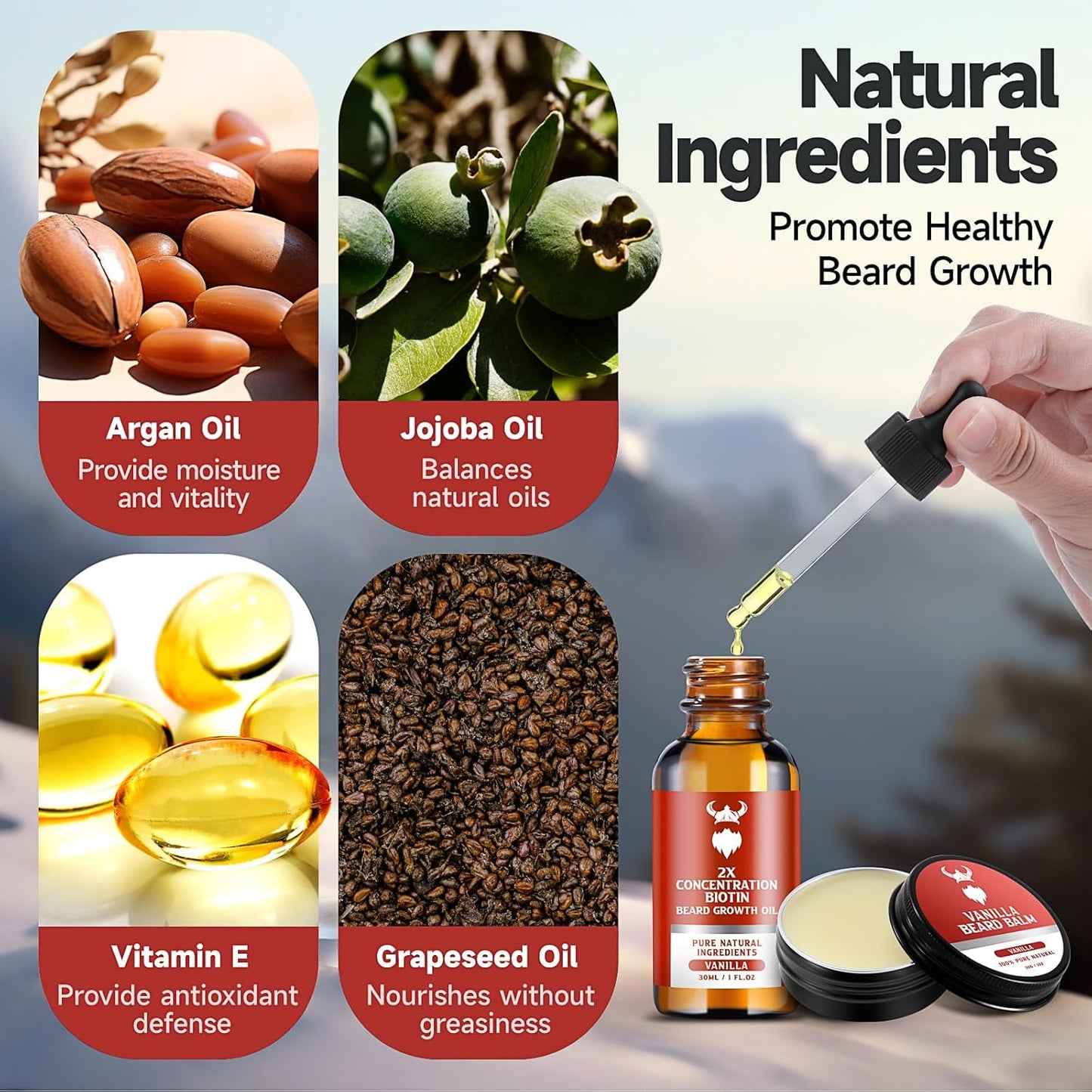 Beard Growth Kit - 2X Concentration Biotin for Men, Natural Ingredients with Argan Oil, Jojoba Oil and Vitamin (Vanilla)