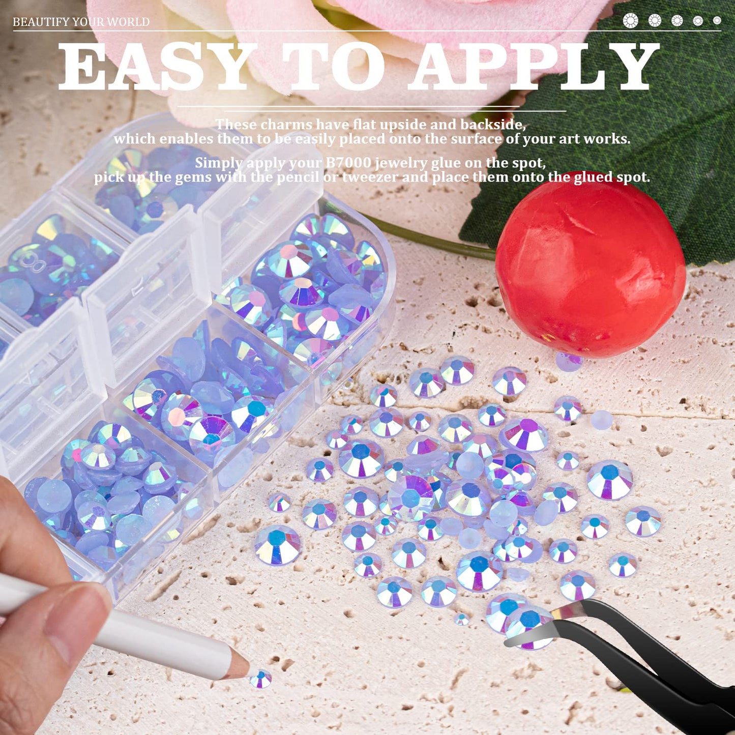 7000PCS Resin Rhinestones with Tweezers for Crafting, 2/3/4/5/6mm Flatback Jelly Rhinestones, 4 Box Sky Blue AB Non Hotfix Crystal Gems for DIY Crafts Mugs Tumblers Clothes Makeup Nail