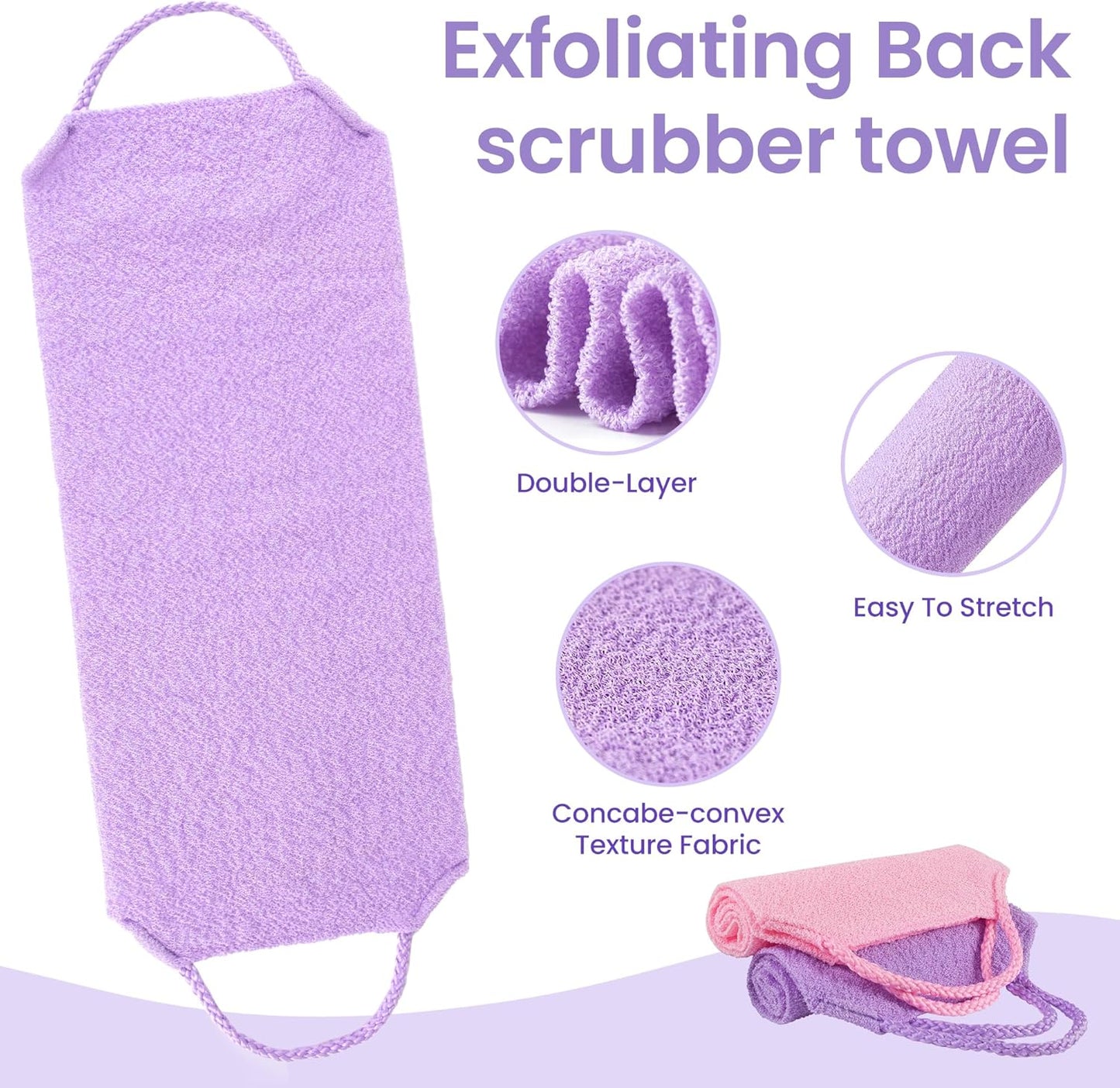3 Pcs Double-Sided Back Exfoliator Body Scrub Towel, Exfoliating Back Scrubber with Handles,Exfoliating Washcloth Bath Tool in Shower, Stretchable Back Washer to Deep Cleans Skin (Purple)