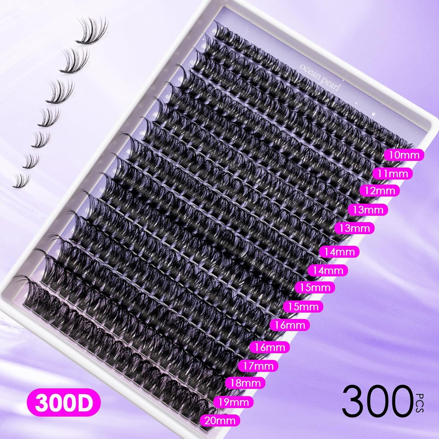 Ocean Pearl Lash Clusters 10-20mm Thick 300D Volume Eyelashes Clusters Lashes 300PCS Lash Extension Kit Eyelash Extension Kit Individual Lashes DIY Lash with Lash Bond+Seal+Remover+Tweezer-300D