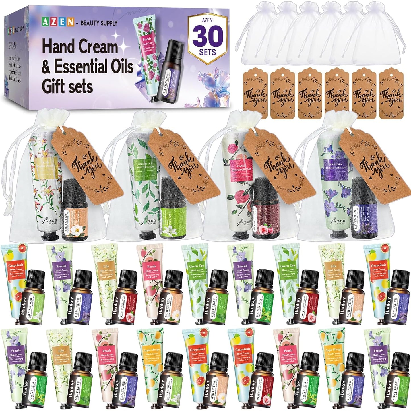 AZEN 30 Sets Bulk Gifts, Hand Cream and Essential Oils Bulk Set with Organza Bag Thank You Card, Baby Shower Wedding Gifts for Guests, Bridal Wedding Favors for Guests,Thank You Gifts for Women