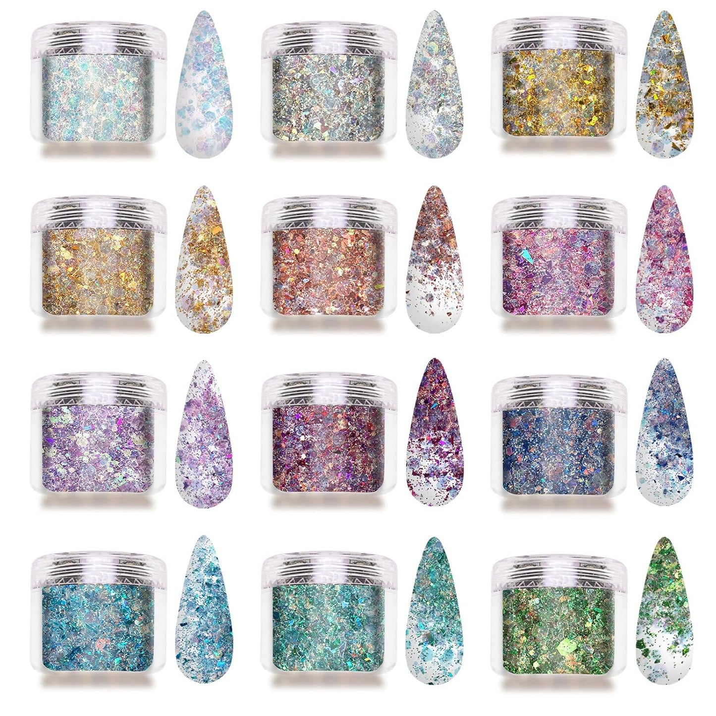 Allstarry 12 Colors Chunky Glitter Holographic Craft Glitter Cosmetic Nail Art Sequins Mixed Fine Glitter Flakes for Nails Art Decoration Hair Eyes Face Body, Resin Tumblers, Epoxy, Slime
